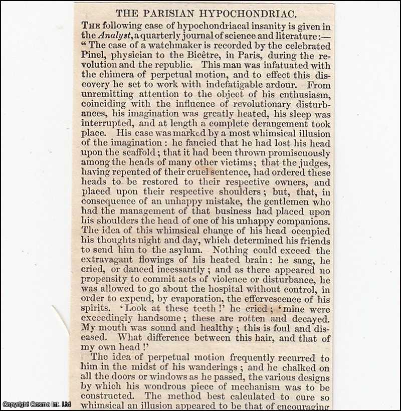 LUNACY - 1837. The Parisian Hypochondriac; infatuation with Perpetual Motion. FEATURED in Chambers' Edinburgh Journal. A single article, extracted from an issue of the Chambers' Edinburgh Journal.