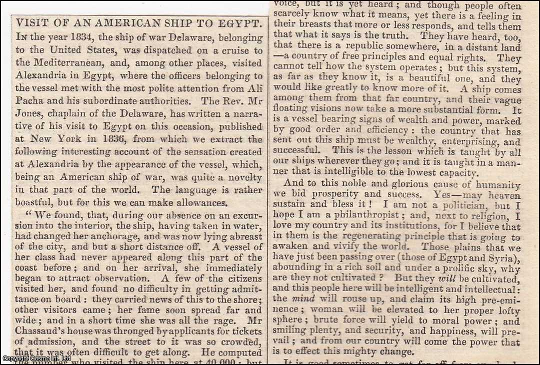 EGYPT - 1837. The Visit of The Delaware, a US warship to Alexandria, Egypt. FEATURED in Chambers' Edinburgh Journal. A single article, extracted from an issue of the Chambers' Edinburgh Journal.