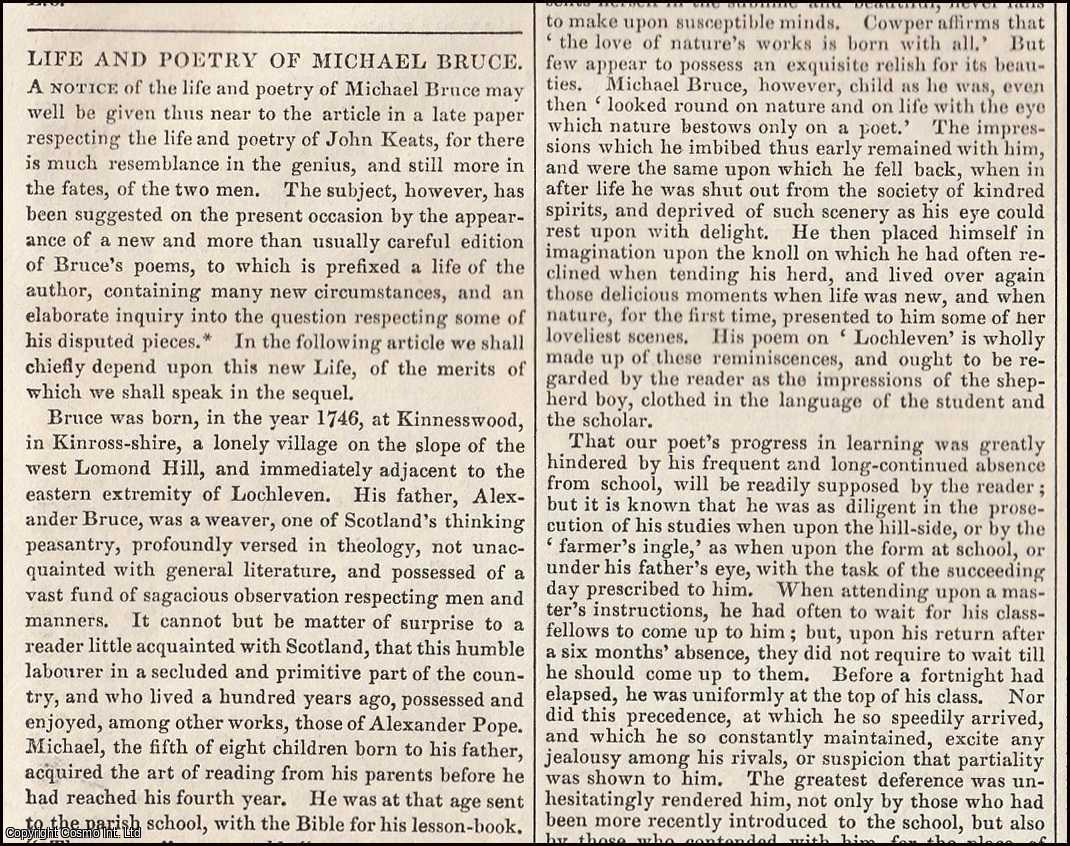 SCOTS POETRY - 1837. Life and Poetry of Michael Bruce of Lochleven FEATURED in Chambers' Edinburgh Journal. A single article, extracted from an issue of the Chambers' Edinburgh Journal.