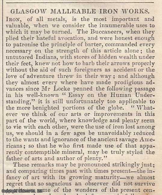 MANUFACTURING - 1837. Glasgow Malleable Iron Works. FEATURED in Chambers' Edinburgh Journal. A single article, extracted from an issue of the Chambers' Edinburgh Journal.