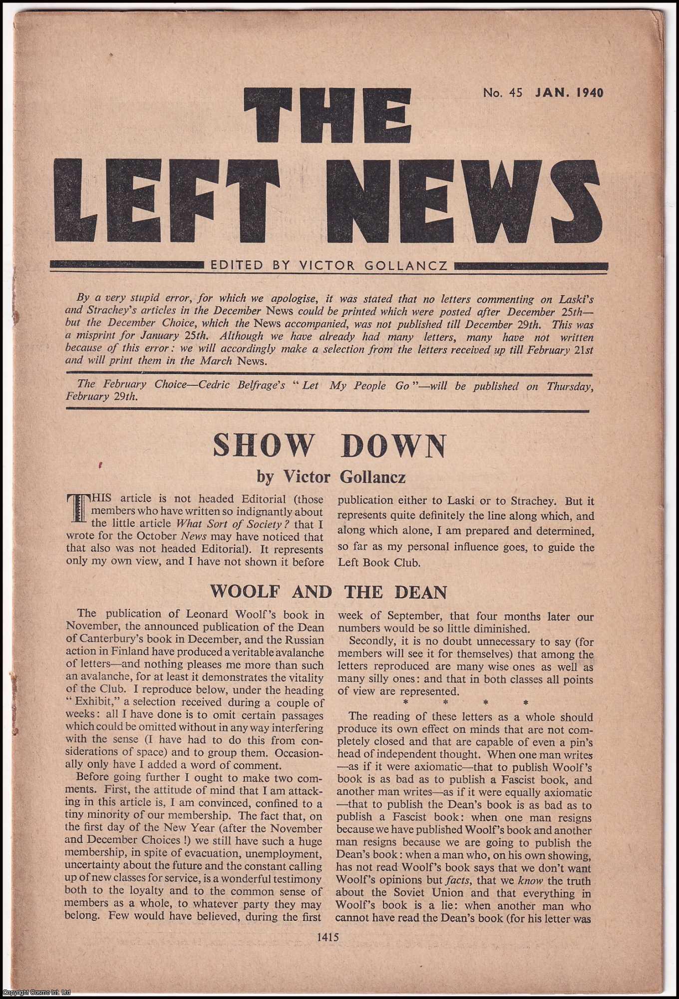 LEFT NEWS - The Left News. Number 45, January 1940. Edited by Victor Gollancz. See pictures for details. Published by Victor Gollancz 1940.