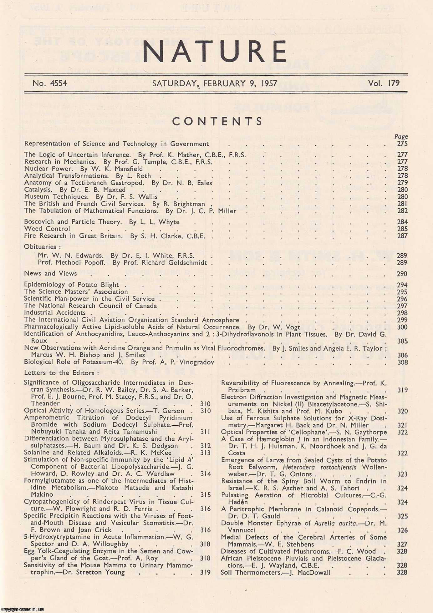 NATURE - Nature, Volume 179, Number 4554. Nature, A Weekly Journal of Science. Saturday, February 9th, 1957.