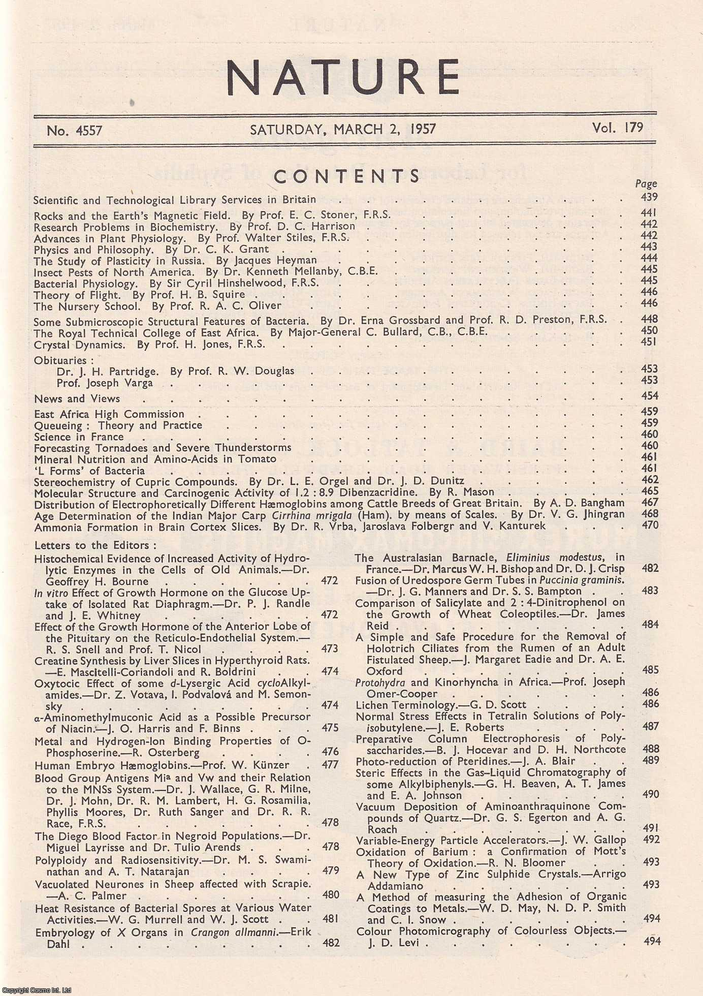 NATURE - Some Submicroscopic Structural Features of Bacteria, by Dr. Erna Grossbard & Prof. R.D. Preston, F.R.S., in Nature, Volume 179, Number 4557. Nature, A Weekly Journal of Science. Saturday, March 2nd, 1957.