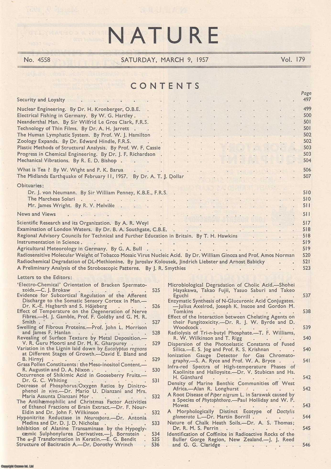 NATURE - What is Tea ? By W. Wight and P.K. Barua, Scientific Dept., Indian Tea Assoc., Cinnamara in Nature, Volume 179, Number 4558. Nature, A Weekly Journal of Science. Saturday, March 9th, 1957.