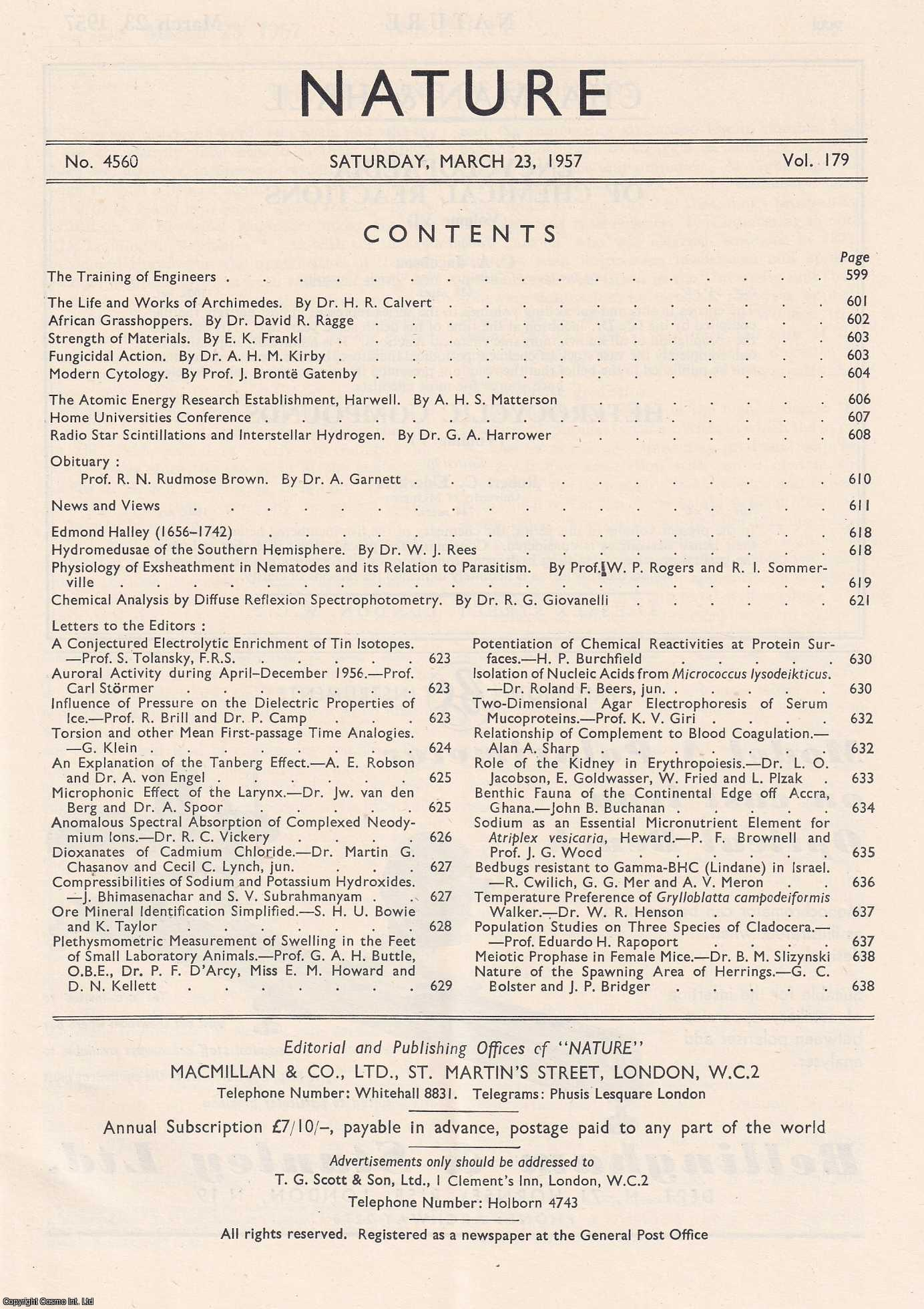 NATURE - Radio Star Scintillations and Interstellar Hydrogen, by Dr. G.A. Harrower, in Nature, Volume 179, Number 4560. Nature, A Weekly Journal of Science. Saturday, March 23rd, 1957.