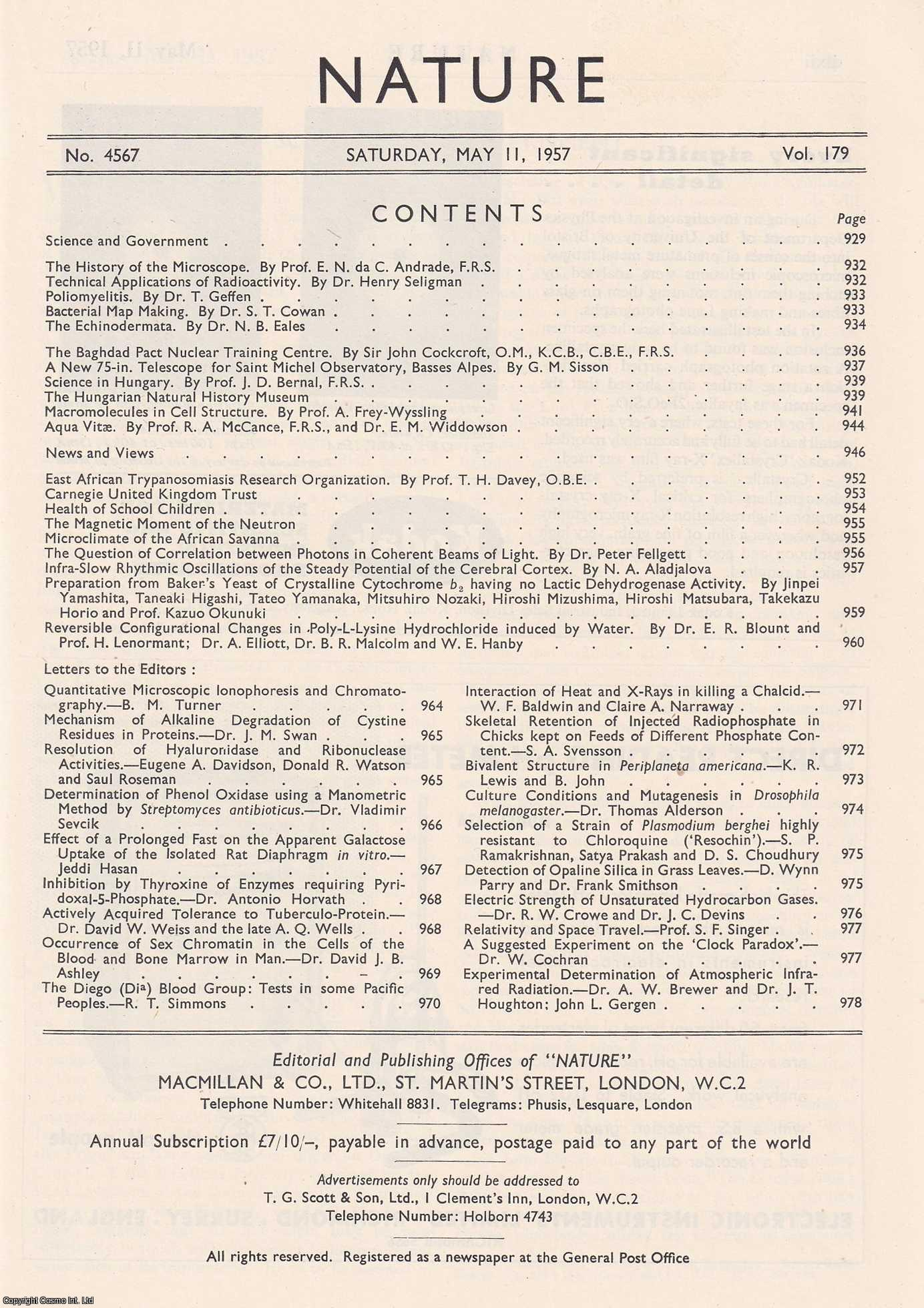 NATURE - A New 75in Telescope for St. Michel Observatory, Basses Alpes, by G.M. Sisson, in Nature, Volume 179, Number 4567. Nature, A Weekly Journal of Science. Saturday, May 11th, 1957.