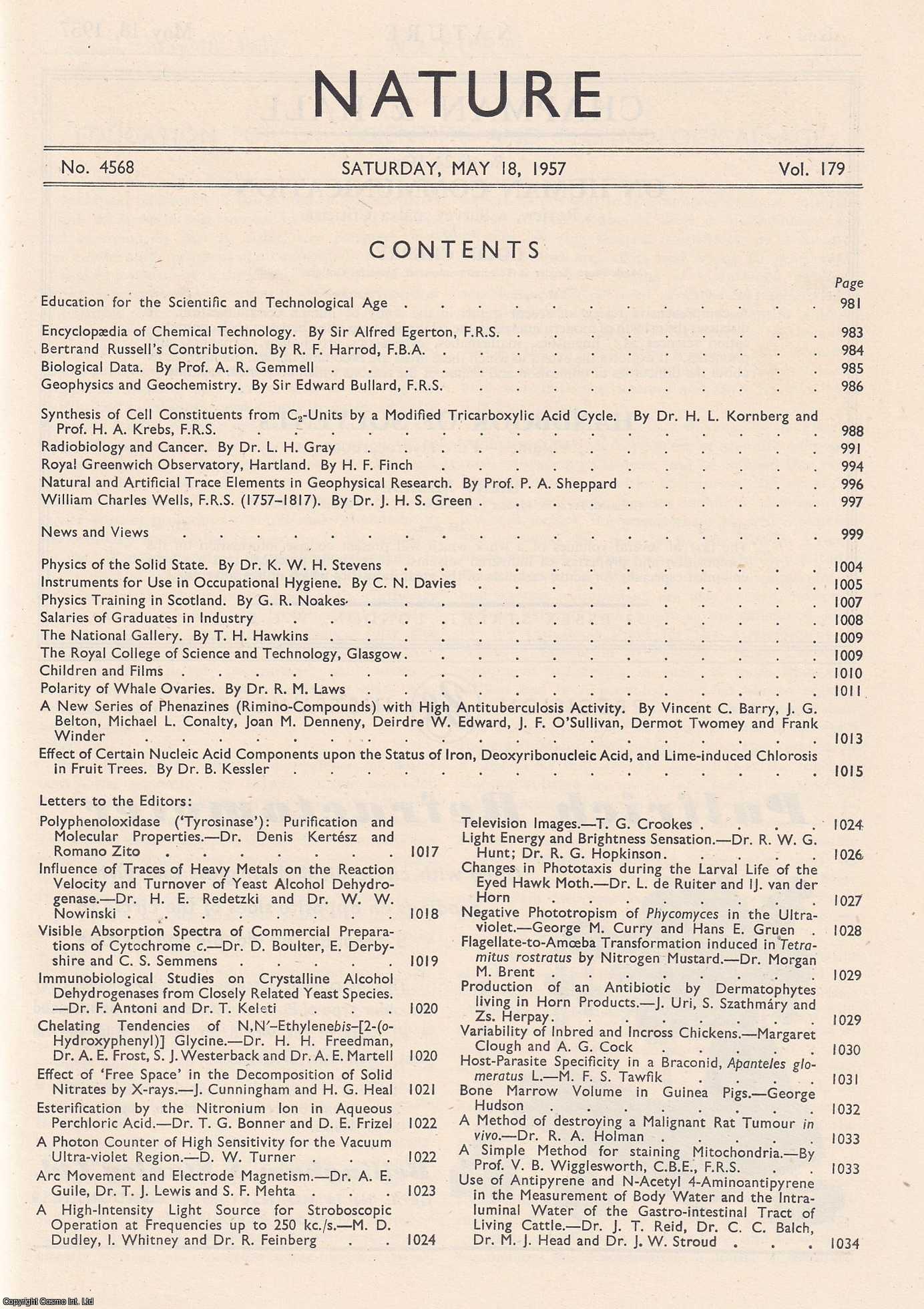 NATURE - Nature, Volume 179, Number 4568. Nature, A Weekly Journal of Science. Saturday, May 18th, 1957.