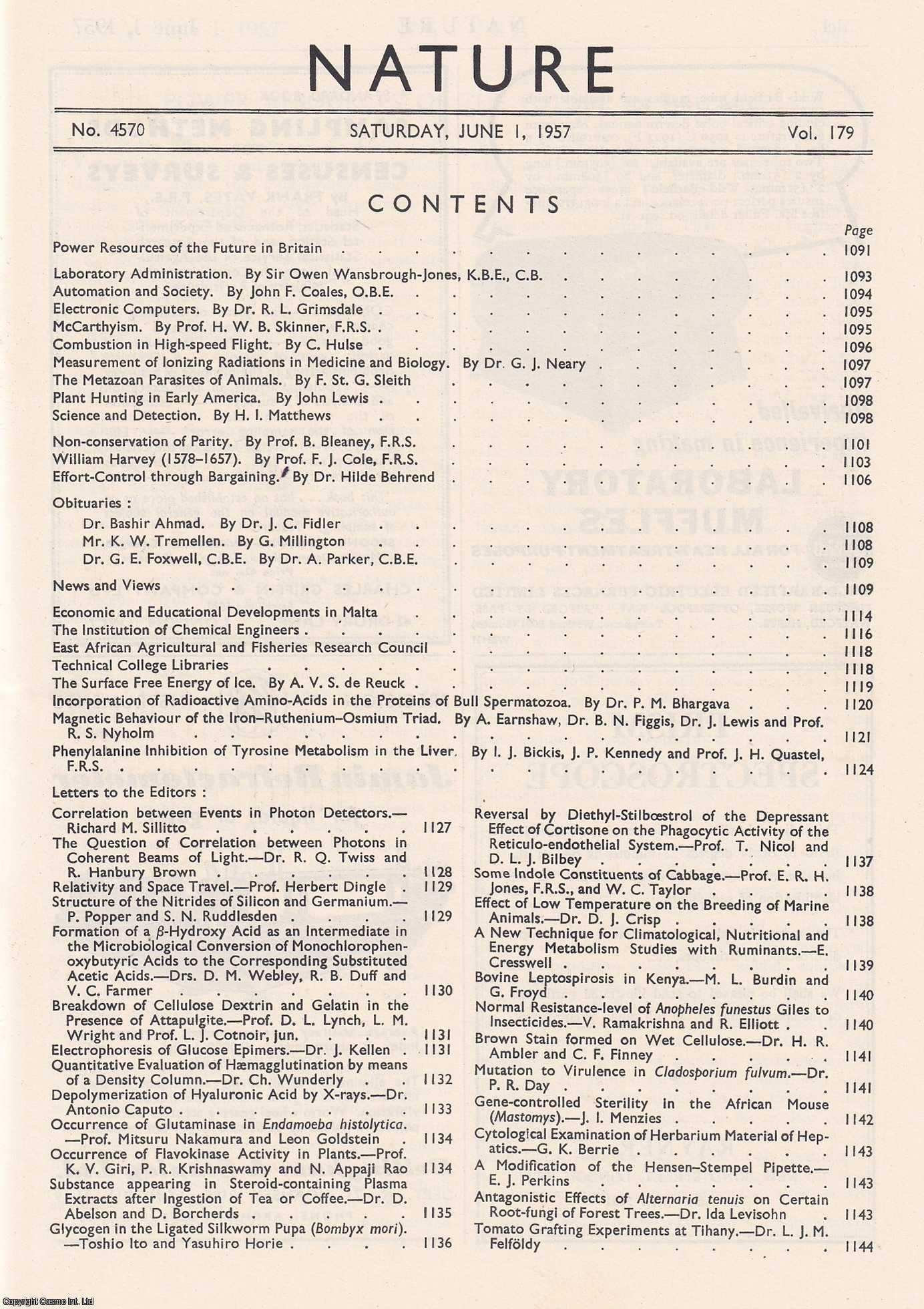 NATURE - William Harvey, 1578-1657, by Prof. F.J. Cole, F.R.S., in Nature, Volume 179, Number 4570. Nature, A Weekly Journal of Science. Saturday, June 1st, 1957.