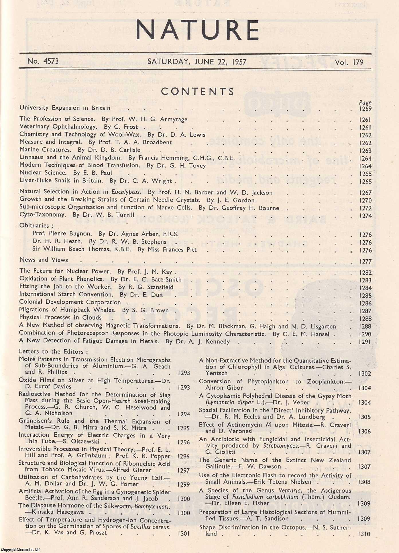 NATURE - Nature, Volume 179, Number 4573. Nature, A Weekly Journal of Science. Saturday, June 22nd, 1957.