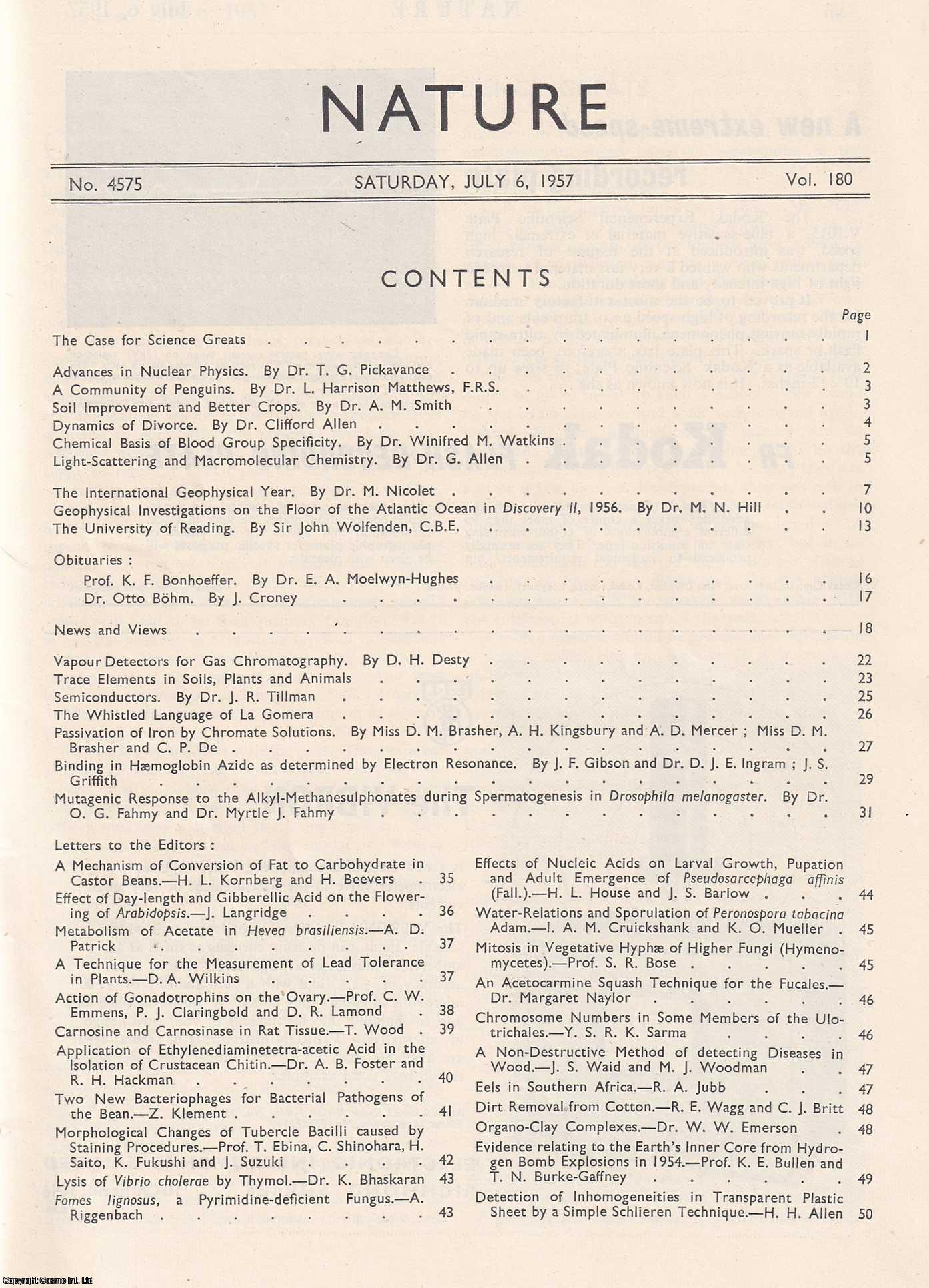 NATURE - Nature, Volume 180, Number 4575. Nature, A Weekly Journal of Science. Saturday, July 6th, 1957.