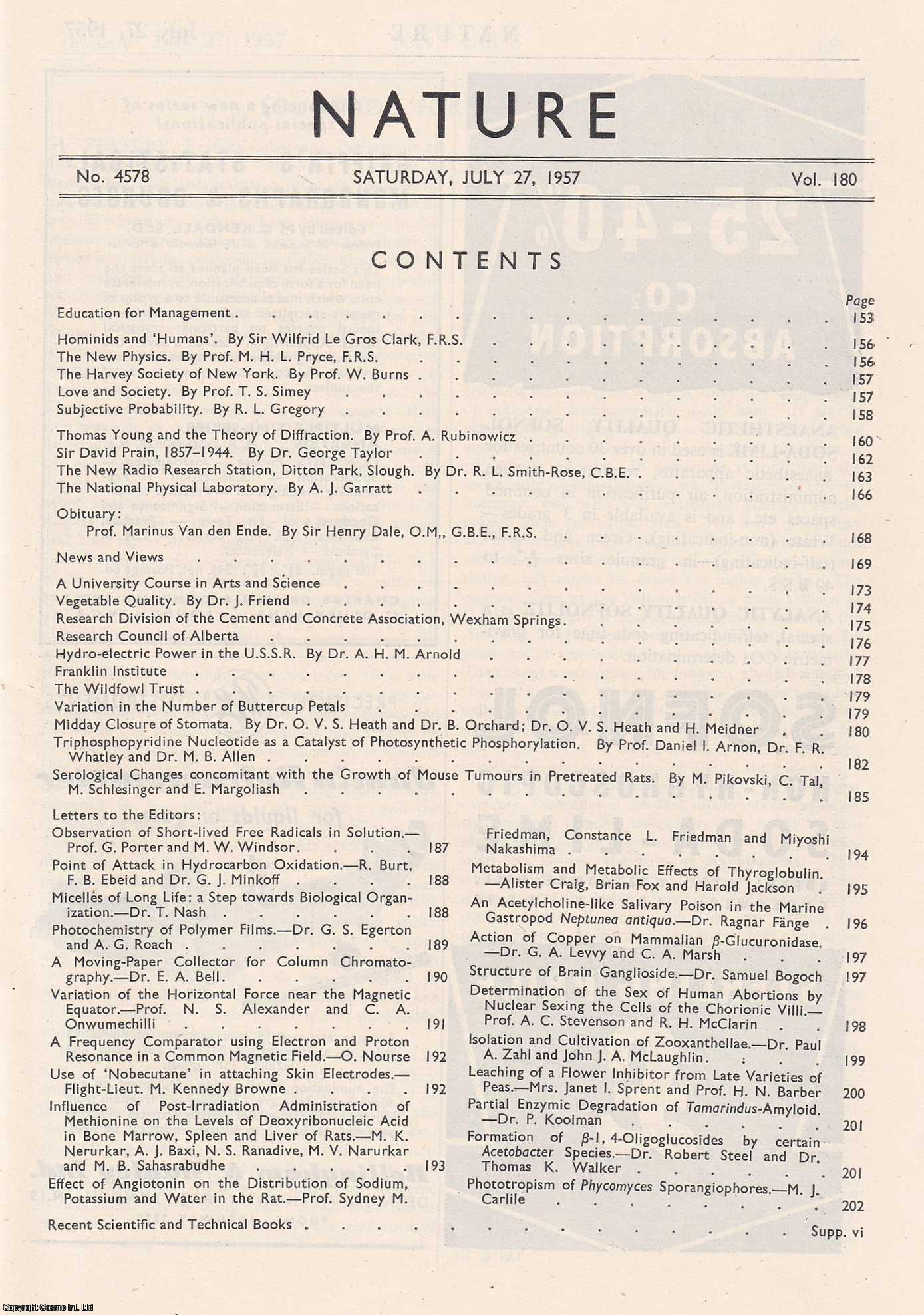 NATURE - Thomas Young and the Theory of Diffraction, by Prof. A. Rubinowicz, in Nature, Volume 180, Number 4578. Nature, A Weekly Journal of Science. Saturday, July 27th, 1957.