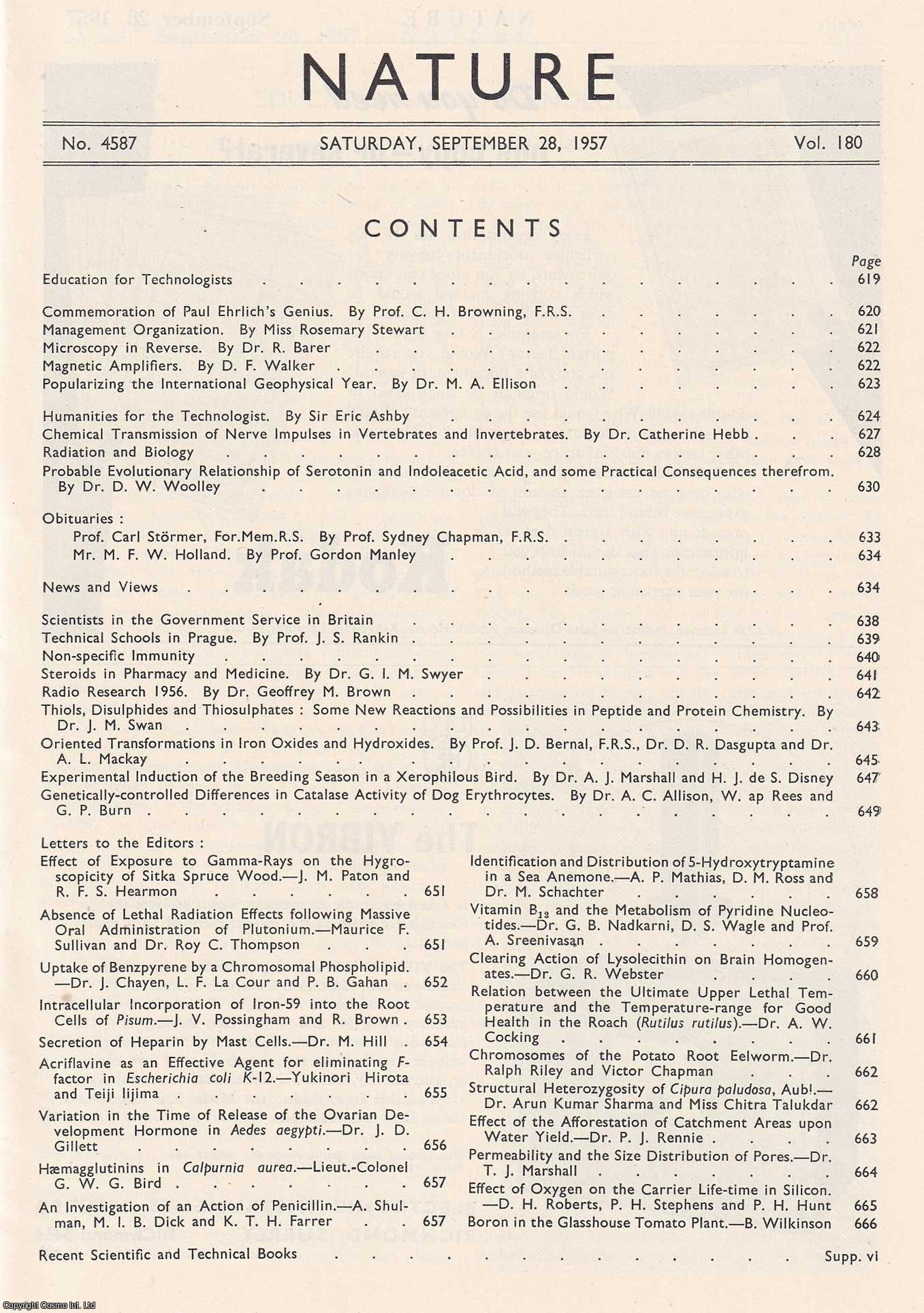 NATURE - Nature, Volume 180, Number 4587. Nature, A Weekly Journal of Science. Saturday, September 28th, 1957.