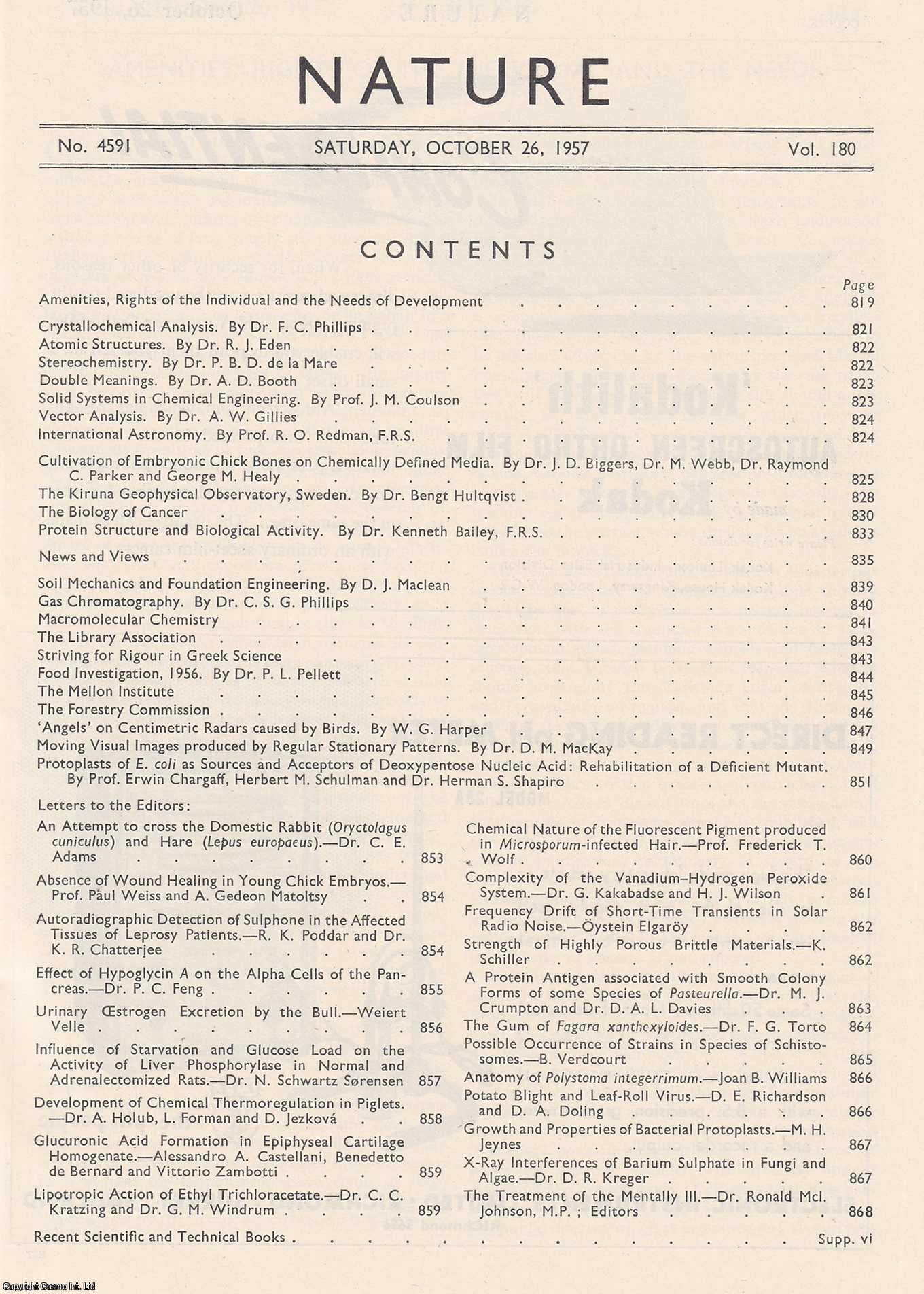 NATURE - Nature, Volume 180, Number 4591. Nature, A Weekly Journal of Science. Saturday, October 26th, 1957.