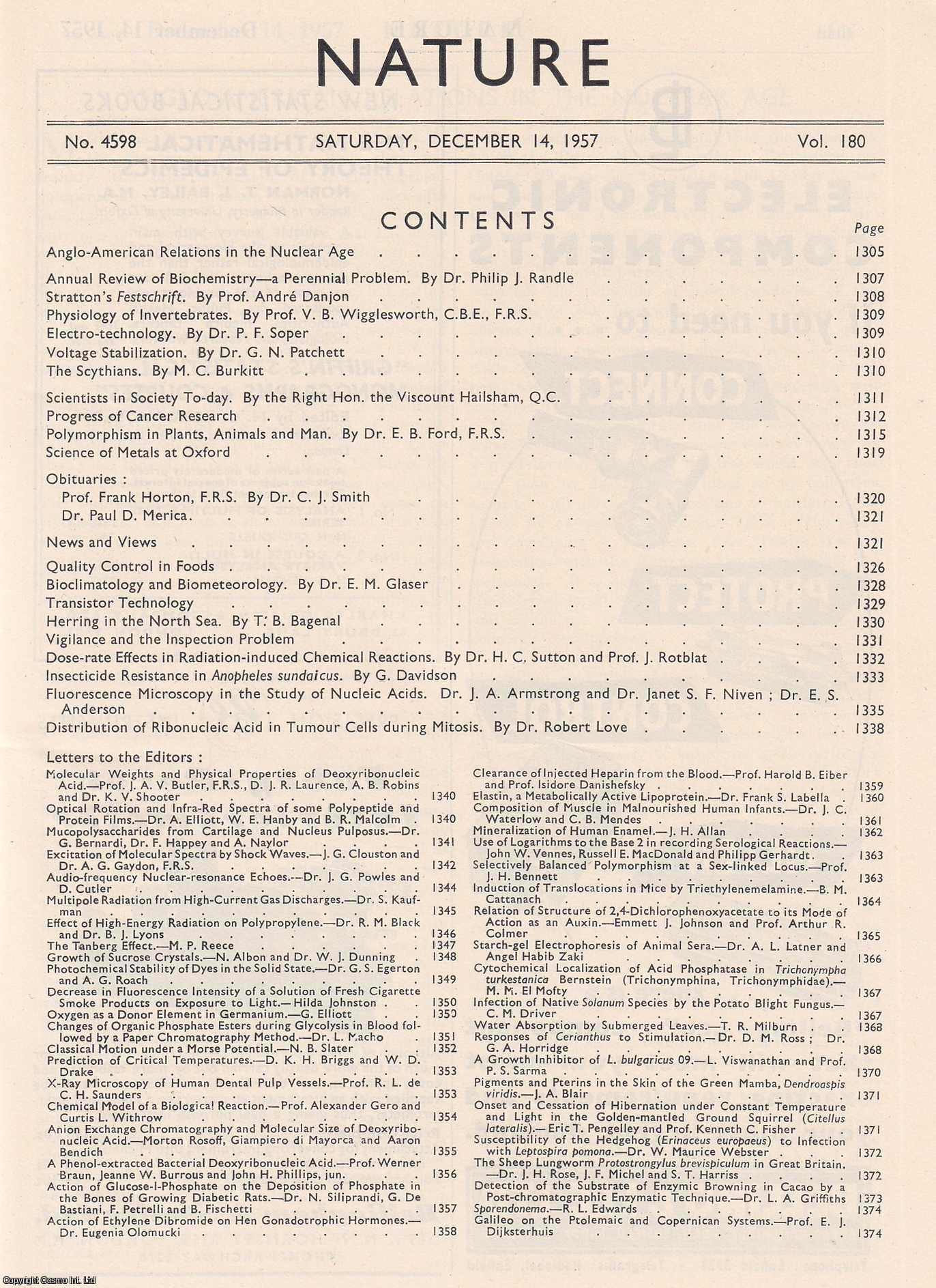 NATURE - Nature, Volume 180, Number 4598. Nature, A Weekly Journal of Science. Saturday, December 14th, 1957.