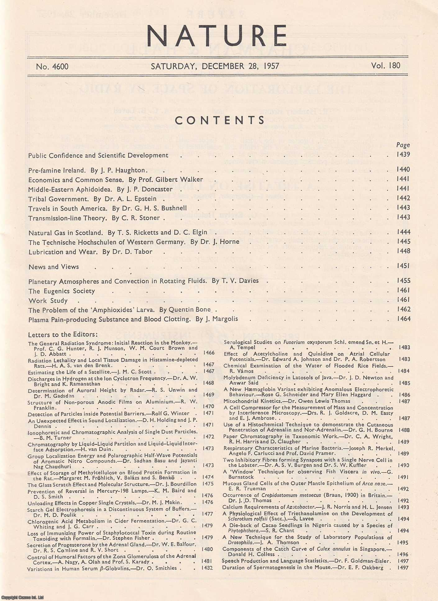 NATURE - Nature, Volume 180, Number 4600. Nature, A Weekly Journal of Science. Saturday, December 28th, 1957.