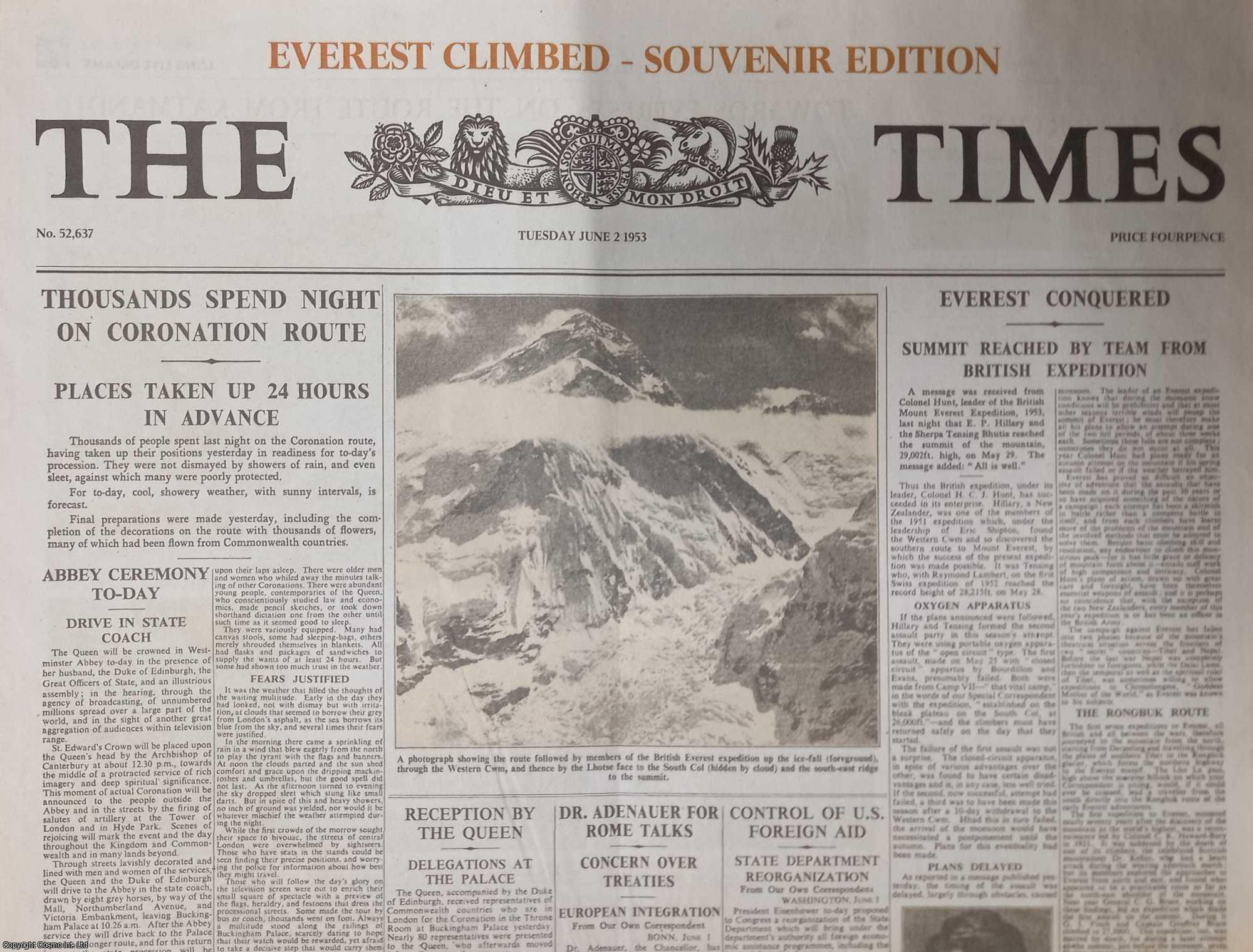 EVEREST - Everest Climbed, Souvenir Edition. The Times, Tuesday June 2, 1953. A modern reprint of the entire newspaper.