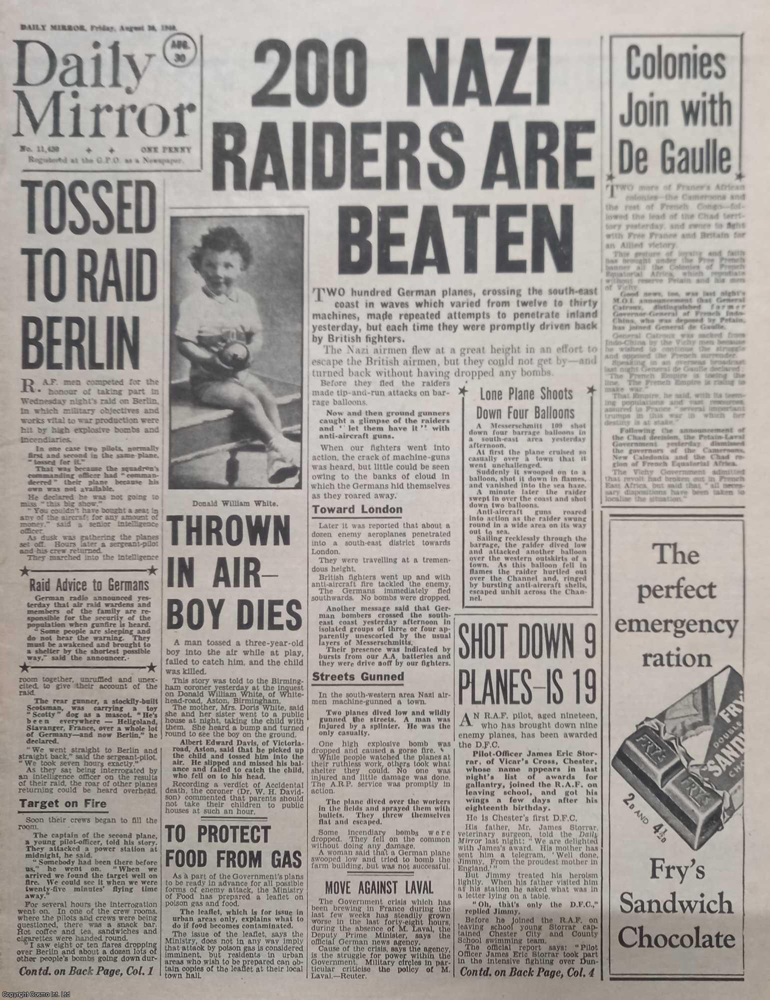 WORLD WAR TWO - 200 Nazis Raiders Are Beaten. The Daily Mirror, August 30, 1940. A modern reprint of the entire WW2 newspaper.