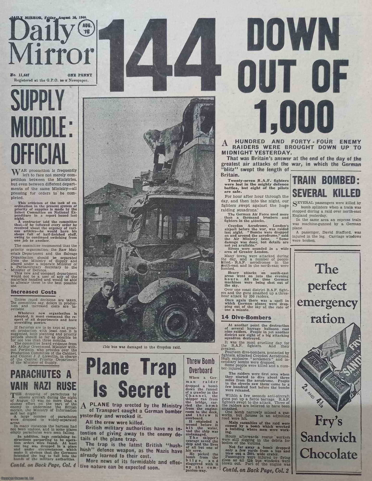 WORLD WAR TWO - 144 Down Out Of 1,000. The Daily Mirror, August 16, 1940. A modern reprint of the entire WW2 newspaper.