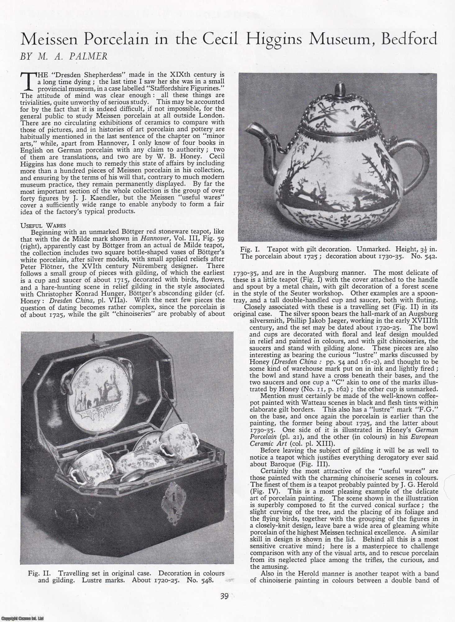 M.A. Palmer - Meissen Porcelain & German Porcelain Figures in the Cecil Higgins Museum, Bedford. A complete two part original article from Apollo, International Magazine of the Arts, 1950.