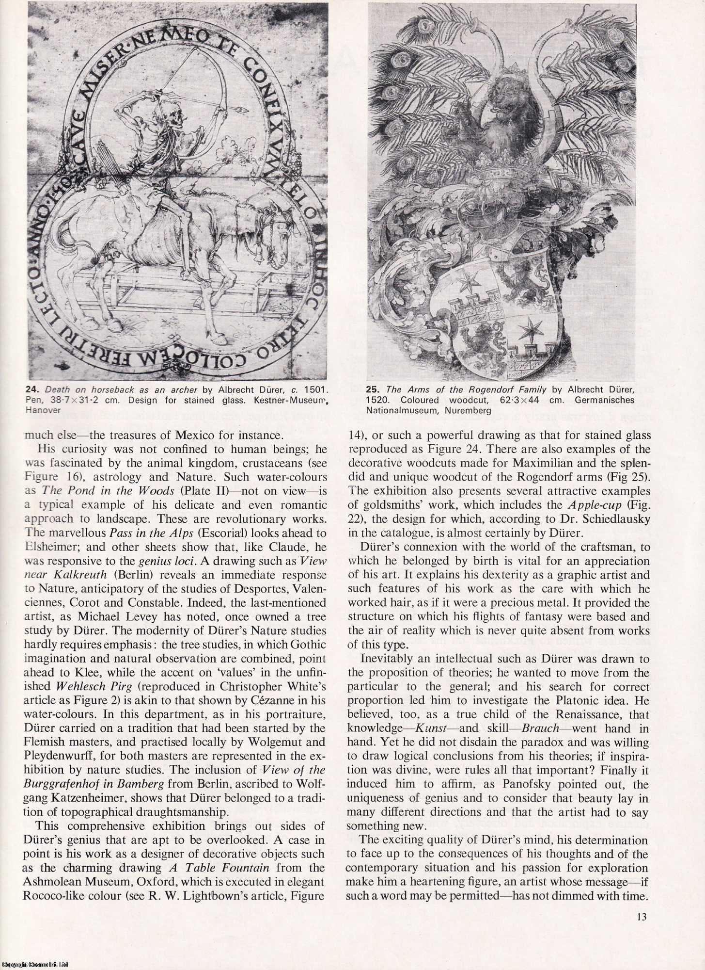 DURER - Albrecht Durer and Our Time; The Travels of Albrecht Durer by Christopher White; Durer and the Goldsmith's Art by R.W. Lightbown; Armour and Weapons by A.V.B. Norman. A group of uncommon original articles from Apollo, International Magazine of the Arts, 1971.