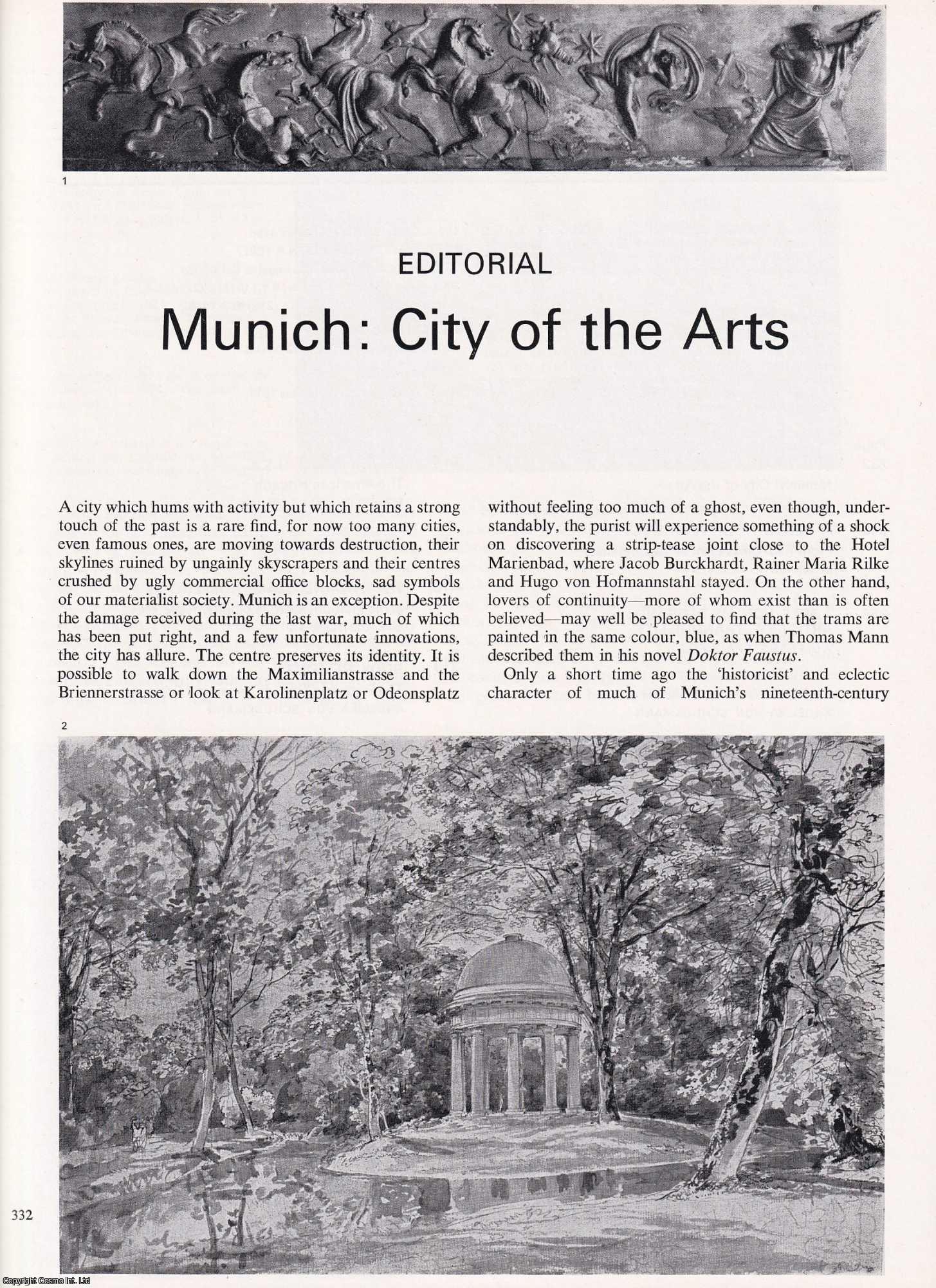 MUNICH - Munich: City of the Arts; A Century of Architecture from neo-Classicism to Aestheticism; Adolf von Hildebrand; Jugendstil in Munich; Franz von Stuck as a Painter; The Villa Stuck; The Munich Kunstlertheater. A group of uncommon original articles from Apollo, International Magazine of the Arts, 1971.