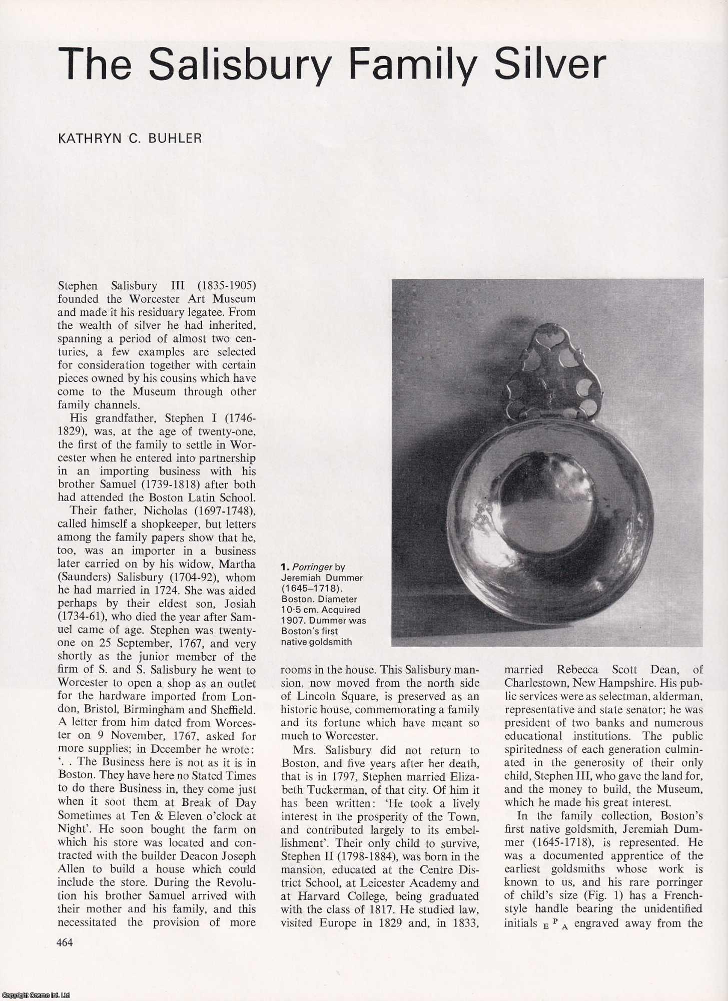 Kathryn C. Buhler - The Salisbury Family Silver, Worcester Art Museum, Massachusetts. An uncommon original article from Apollo, the Magazine of the Arts, 1971.