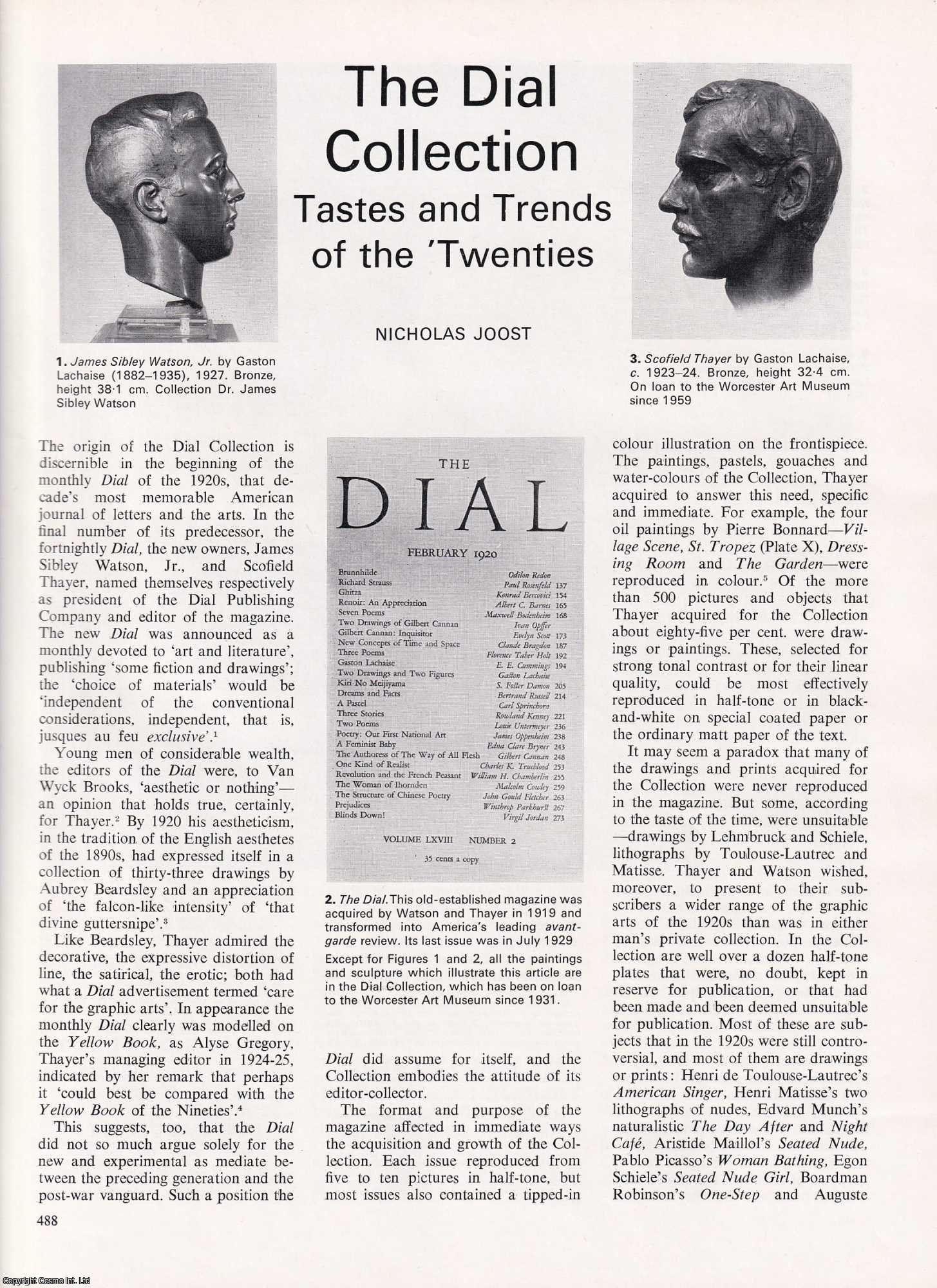 Nicholas Joost - The Dial Collection. Tastes and Trends of the 'Twenties. The American Journal of Letters and the Arts. An uncommon original article from Apollo, the Magazine of the Arts, 1971.