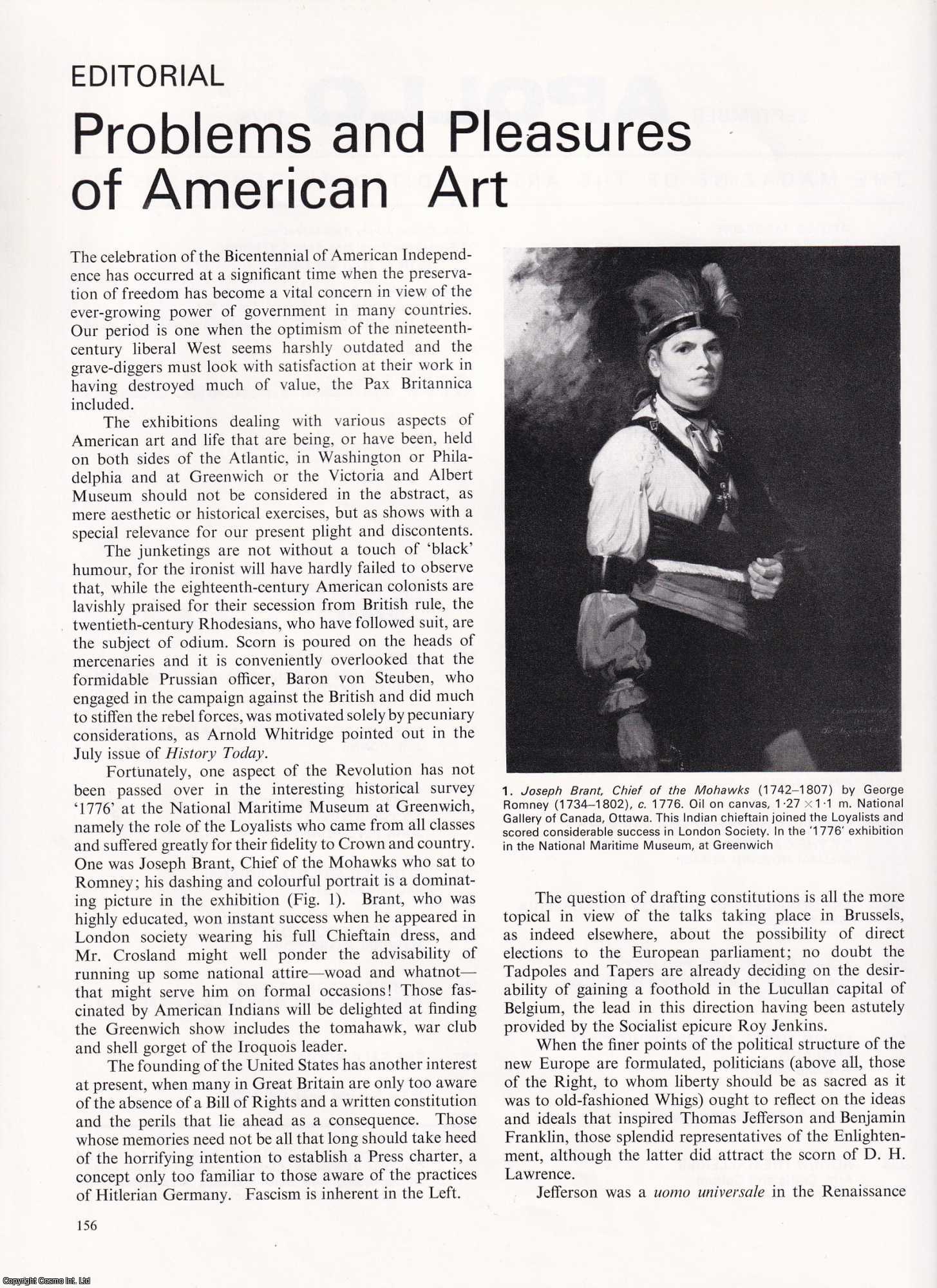 AMERICAN ART - Animal Style in Indian North America; Europe and North America; The Confident Culture of Philadelphia; Historic Preservation; Edwin Austin Abbey. A group of uncommon original articles from Apollo Magazine, 1976.