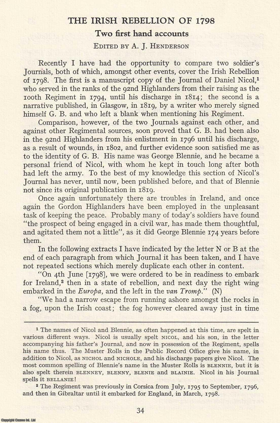 Edited by A.J. Henderson - The Irish Rebellion of 1798; Two First Hand Accounts. An original article from the Journal of the Society for Army Historical Research, 1974.