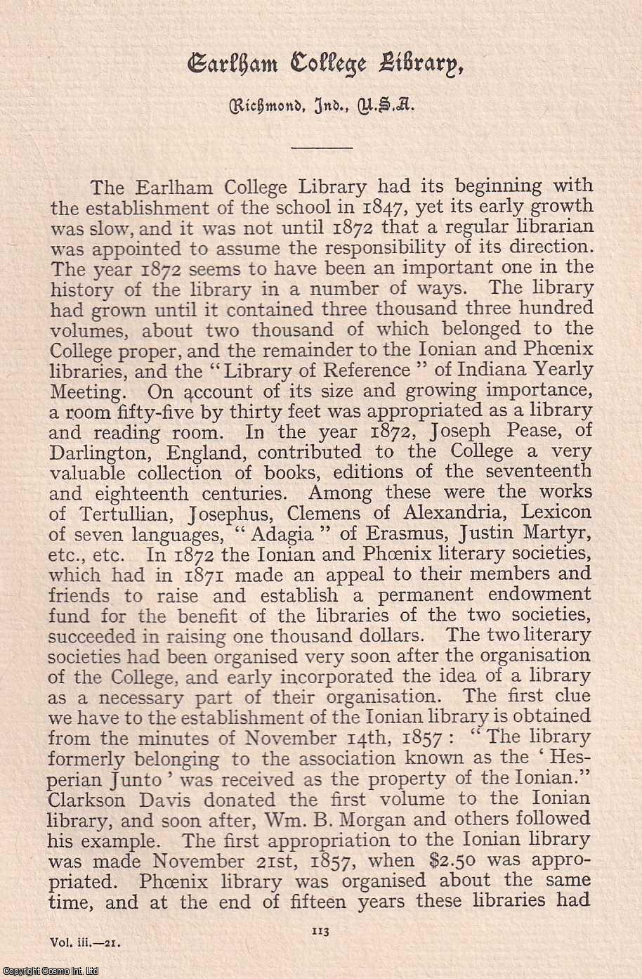 Harlow Lindley - Quakers: Earlham College Library, Richmond, Indiana. An original article from the Journal of the Friends' Historical Society, 1906.