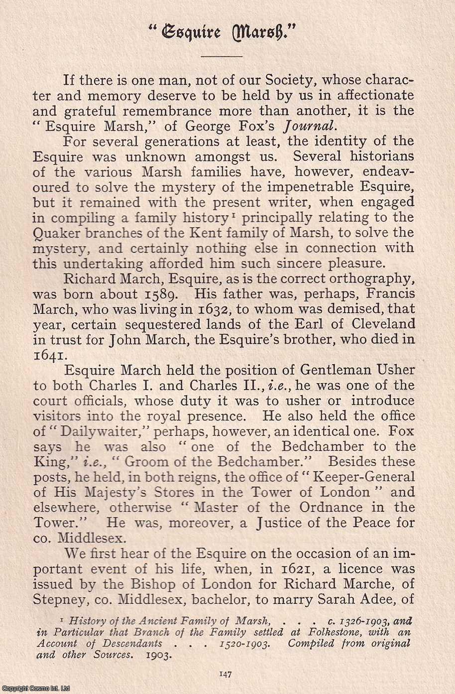 Joseph J. Green - Quakers: Richard Marsh, Esquire (as noted in George Fox's Journal). An original article from the Journal of the Friends' Historical Society, 1906.