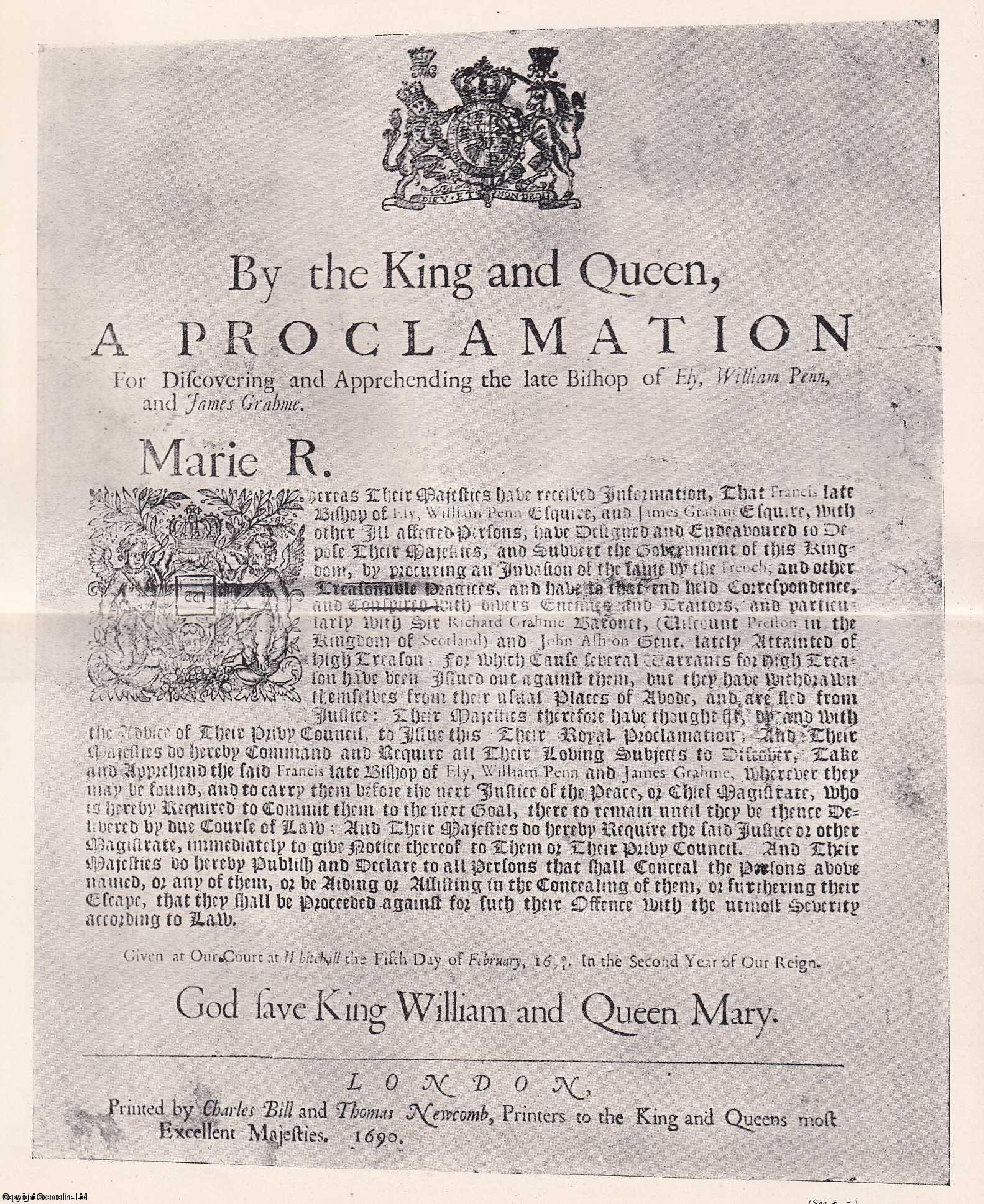 Society of Friends - Quakers: Royal Proclamations of William & Mary relating to William Penn. Two original plates from the Journal of the Friends' Historical Society, 1909.