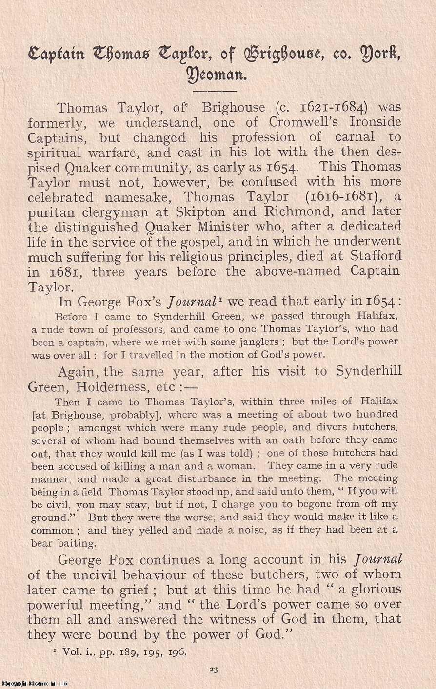 Joseph J. Green - Quakers: Captain Thomas Taylor, of Brighouse, co. York, Yeoman. An original article from the Journal of the Friends' Historical Society, 1909.