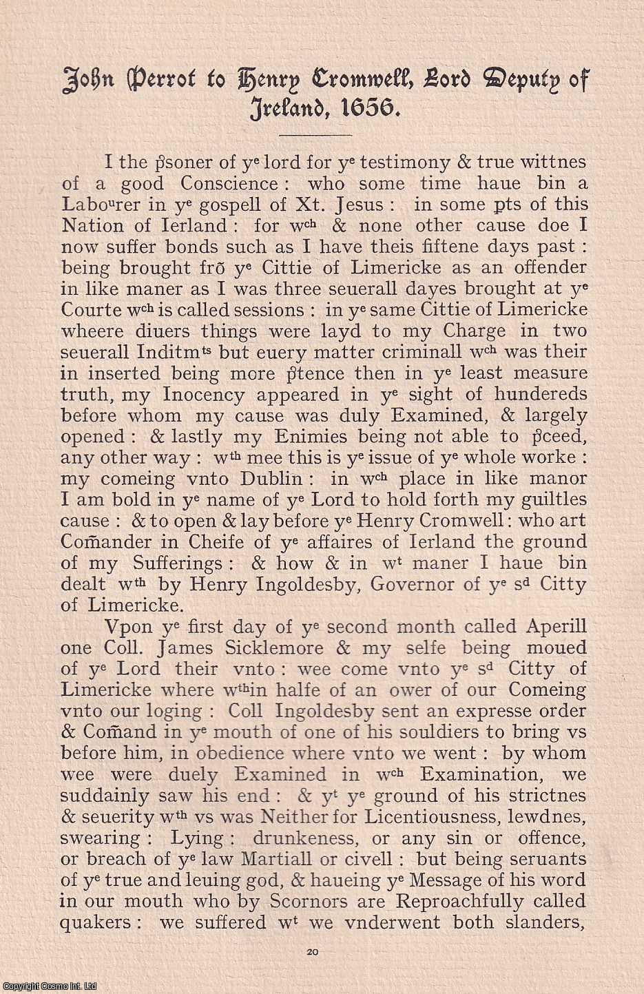 Society of Friends - Quakers: John Perrot to Henry Cromwell, Lord Deputy of Ireland, 1656. An original article from the Journal of the Friends' Historical Society, 1911.