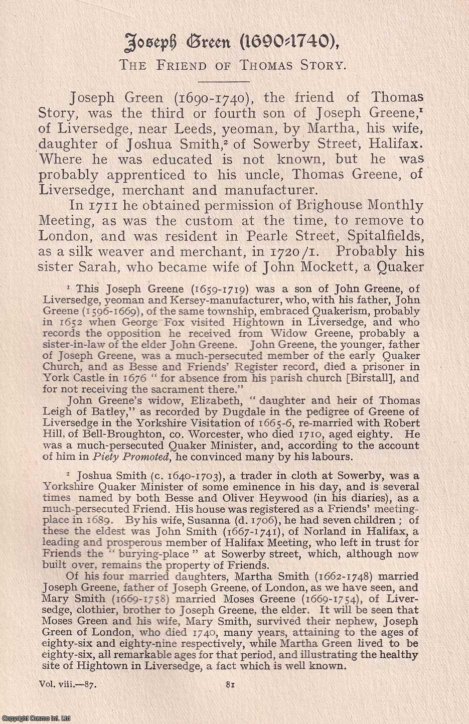 Joseph J. Green - Quakers: Joseph Green (1690-1740), the Friend of Thomas Story. An original article from the Journal of the Friends' Historical Society, 1911.