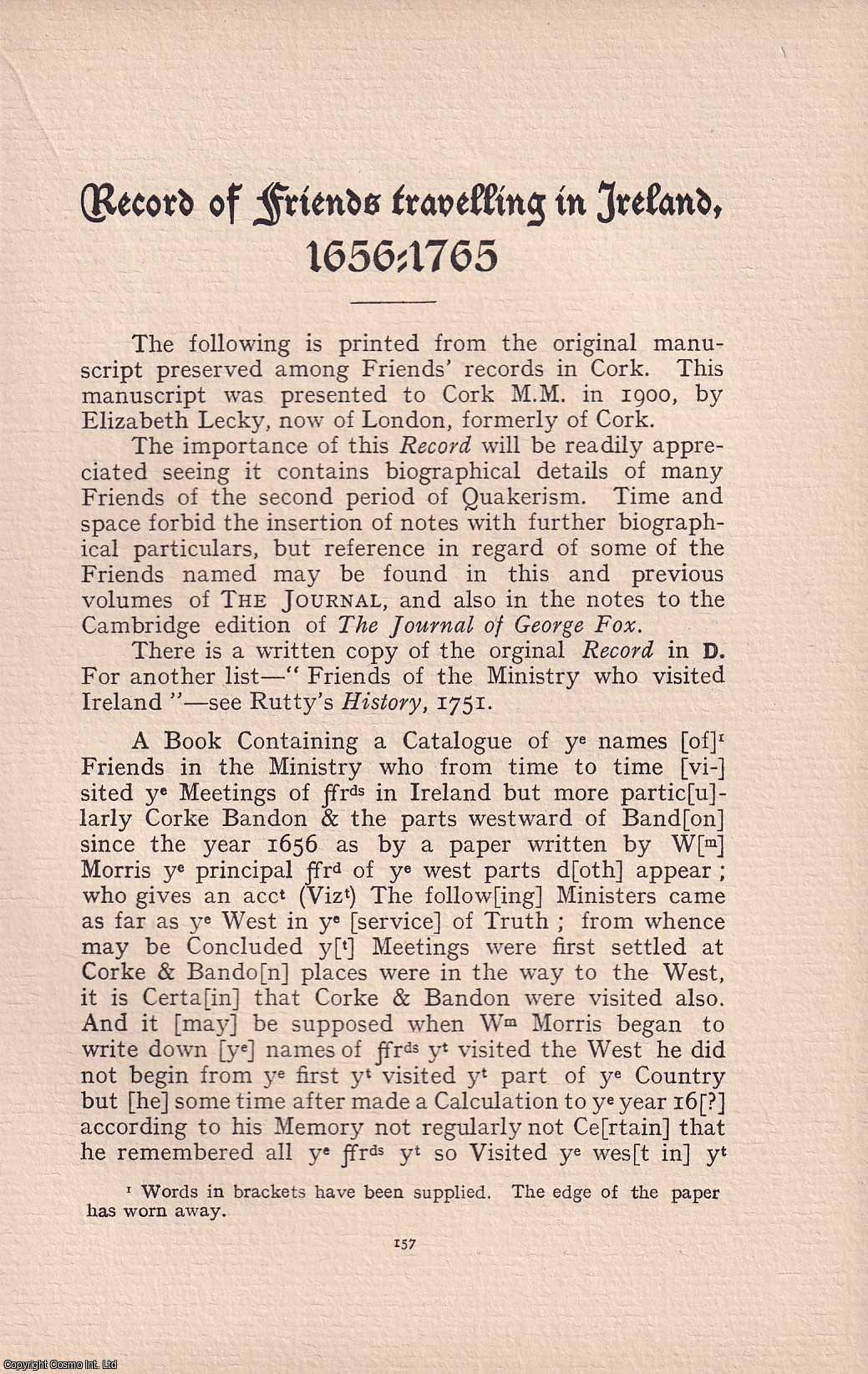 Society of Friends - Quakers: Record of Friends travelling in Ireland, 1656-1765. An original article from the Journal of the Friends' Historical Society, 1911.