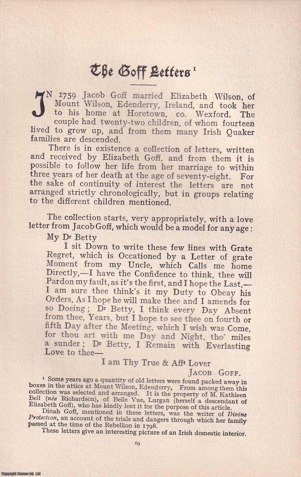 Society of Friends - Quakers: The Goff Letters, Edenderry, Ireland. An original article from the Journal of the Friends' Historical Society, 1918.