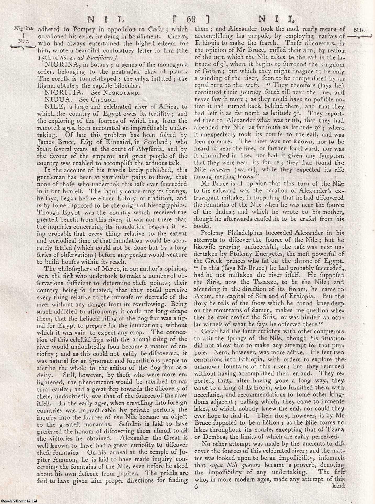 George Gleig (editor) - The Nile River; the large and celebrated river of Africa, to which the country of Egypt owes its fertility. A rare original article from the Encyclopaedia Britannica, Edinburgh Edition 1797.