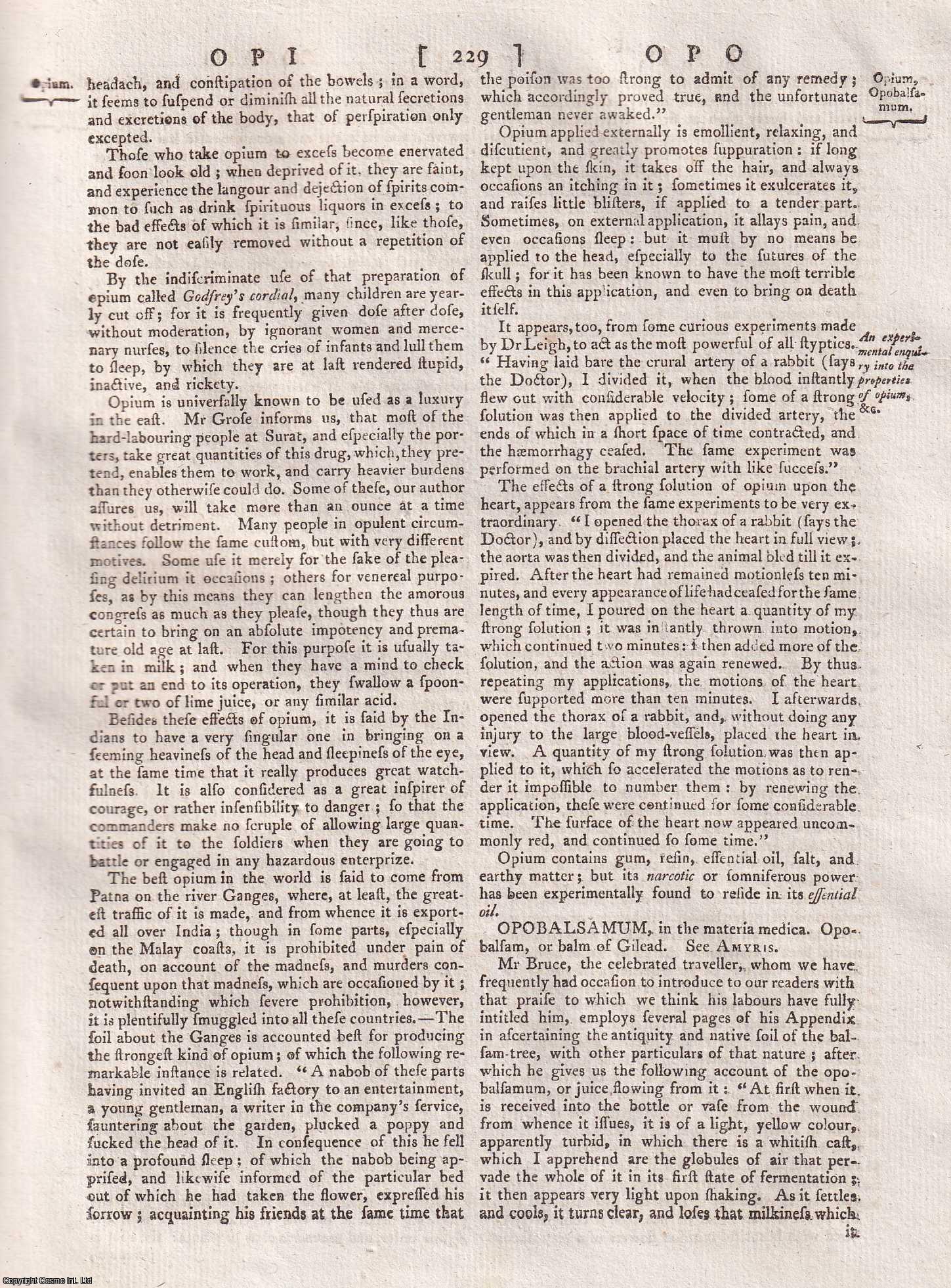 George Gleig (editor) - Opium; the juice of the papaver album, or white poppy. Brought to us in cakes from eight ounces to a pound weight. A rare original article from the Encyclopaedia Britannica, Edinburgh Edition 1797.