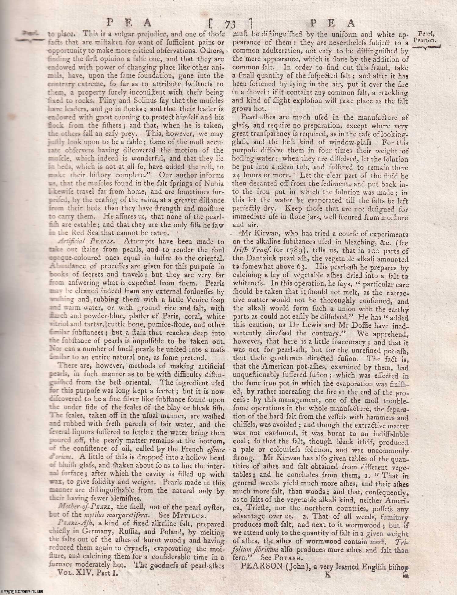 George Gleig (editor) - Pearls; a hard, white, shining body, usually roundish, found in a testaceous fish resembling an oyster. A rare original article from the Encyclopaedia Britannica, Edinburgh Edition 1797.