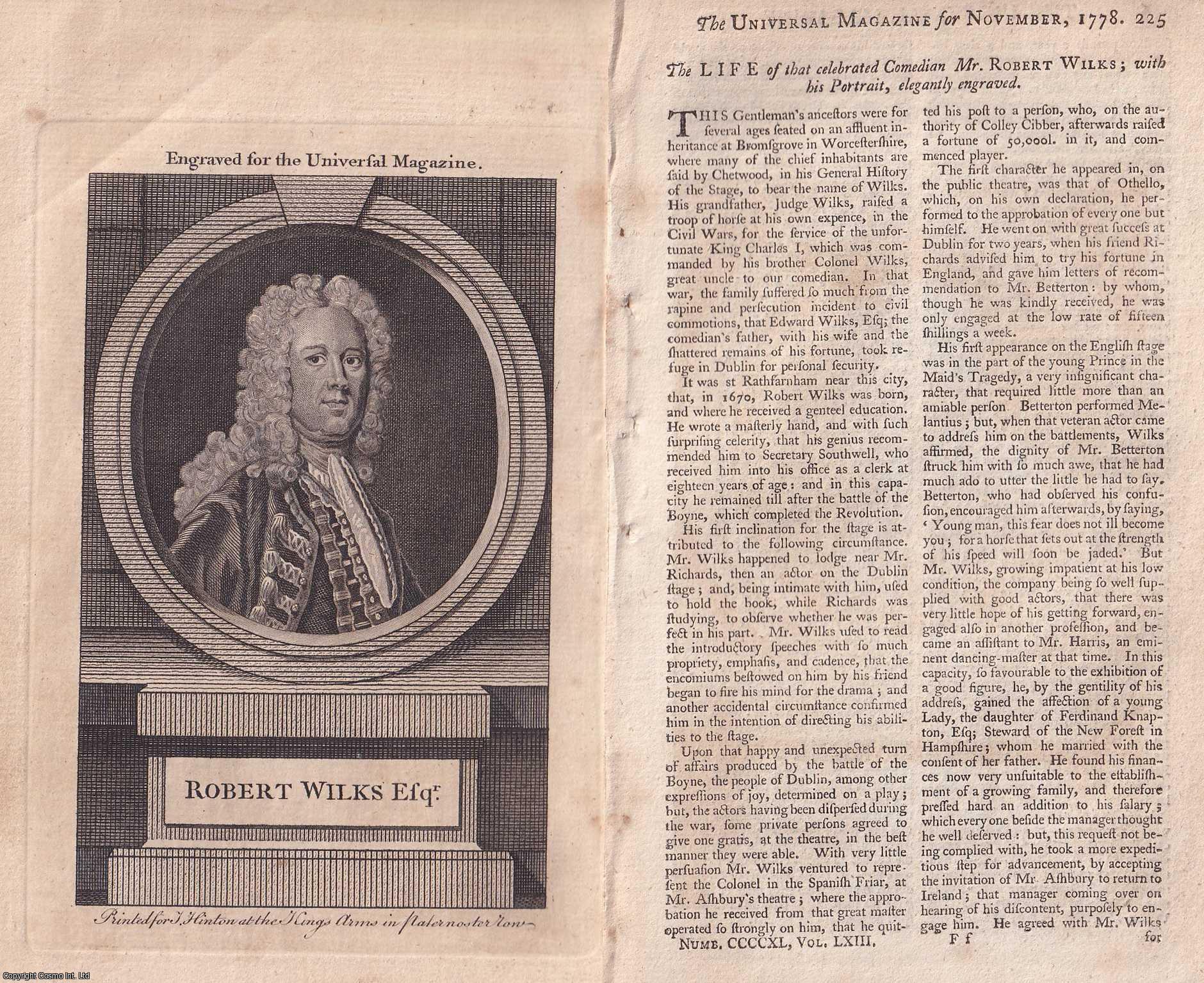ENGRAVING - Robert Wilks, the celebrated Comedian. An original article from The Universal Magazine for 1778.