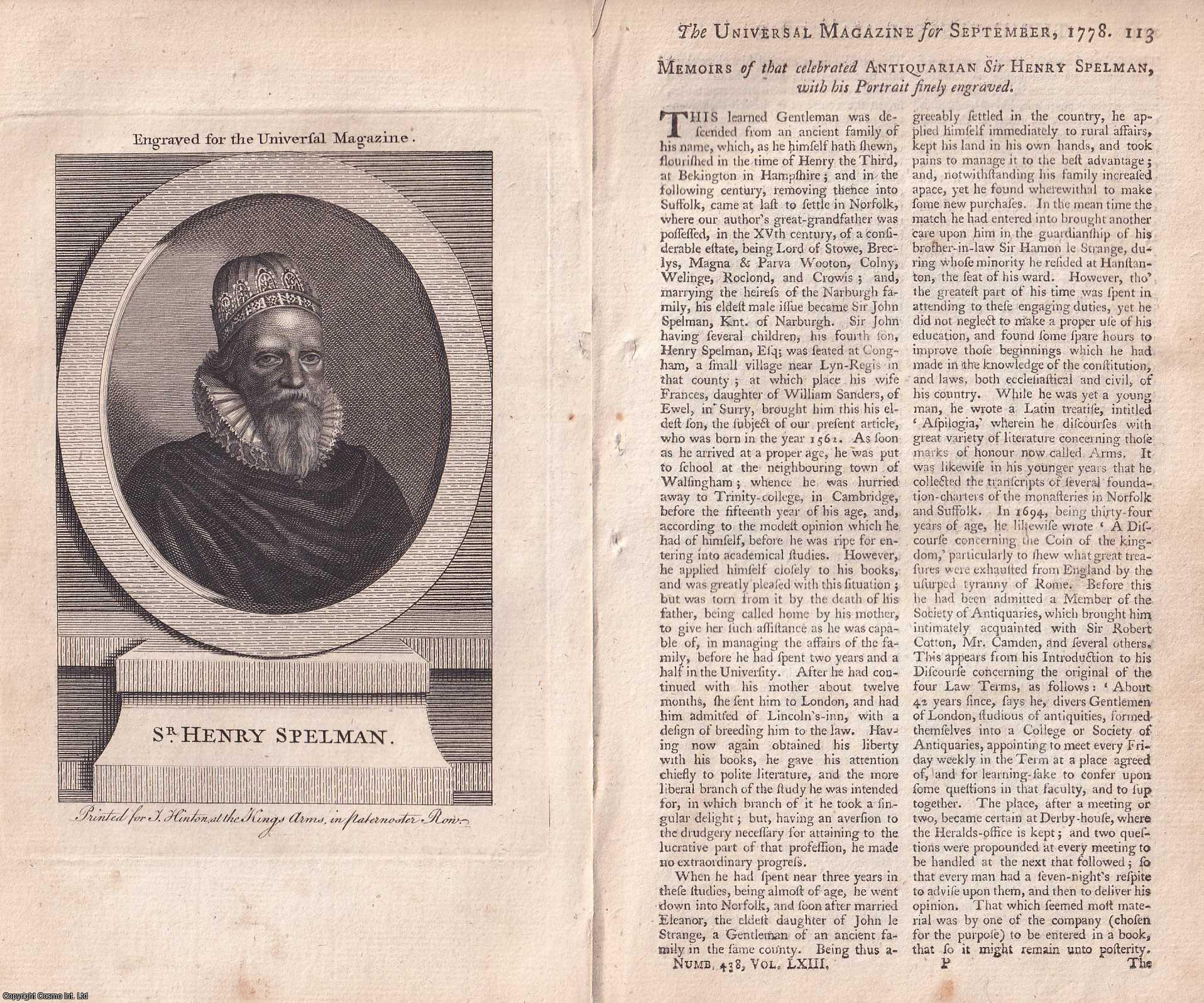 ENGRAVING - Sir Henry Spelman, the celebrated Antiquarian. An original article from The Universal Magazine for 1778.