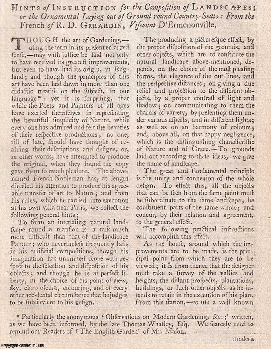 Landscape Gardens - Hints of Instruction for the Composition of Landscapes; or the Ornamental Laying out of Ground round Country Seats. From the French of R.D. Gerardin, Viscount D'Ermenonville. An original article from The Universal Magazine for 1778.