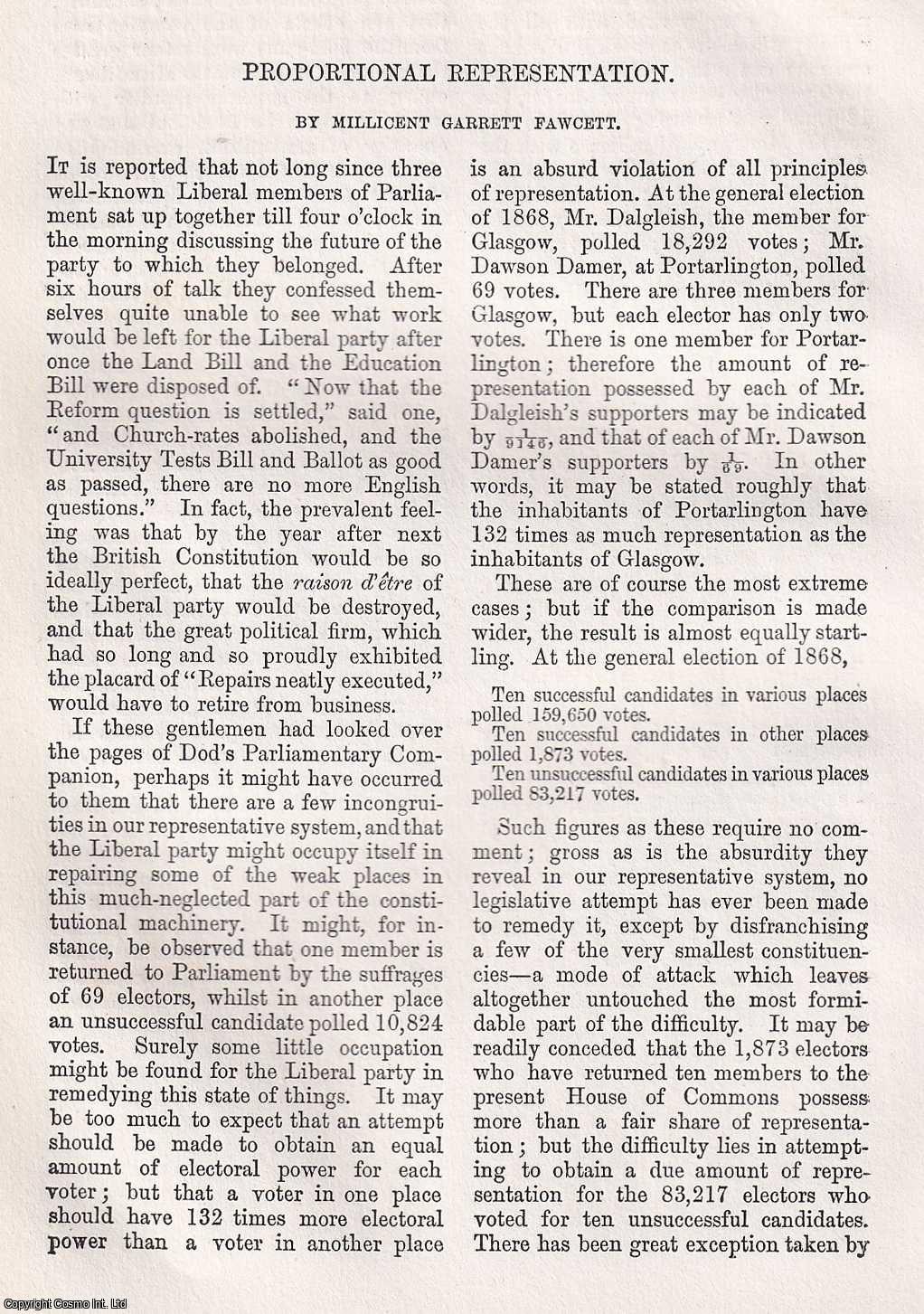 Millicent Garrett Fawcett - Proportional Representation. An original article from Macmillan's Magazine, 1870.