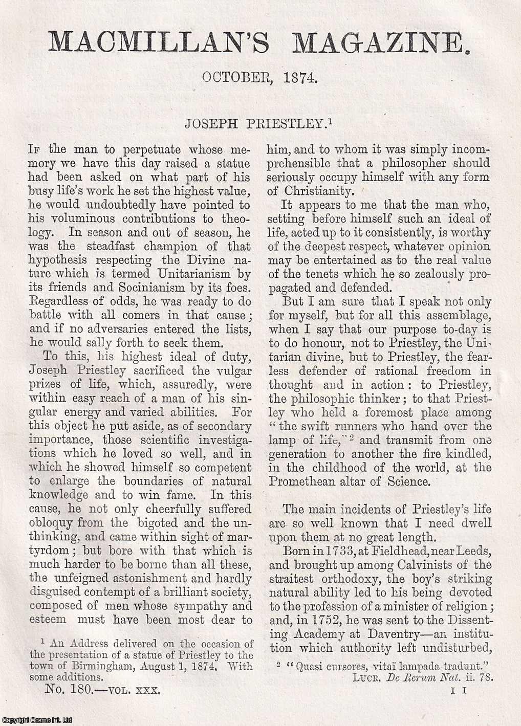 T.H. Huxley - Joseph Priestley. An original article from Macmillan's Magazine, 1874.