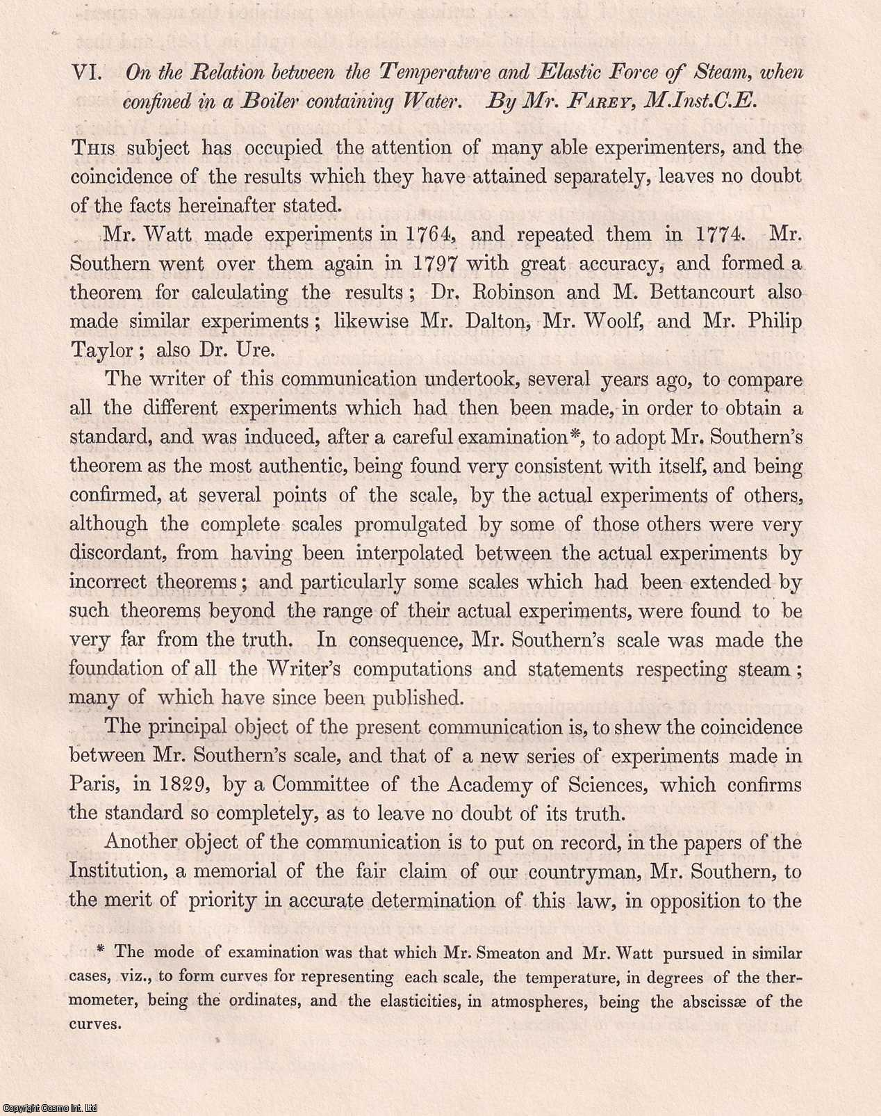 John Farey - On the Relation between the Temperature and Elastic Force of Steam, when confined in a Boiler containing Water. An original article from Transactions of the Institution of Civil Engineers, 1836.