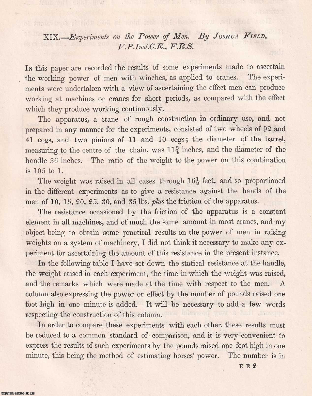 Joshua Field - Experiments on the Power of Men with Winches, as applied to Cranes. An original article from Transactions of the Institution of Civil Engineers, 1838.