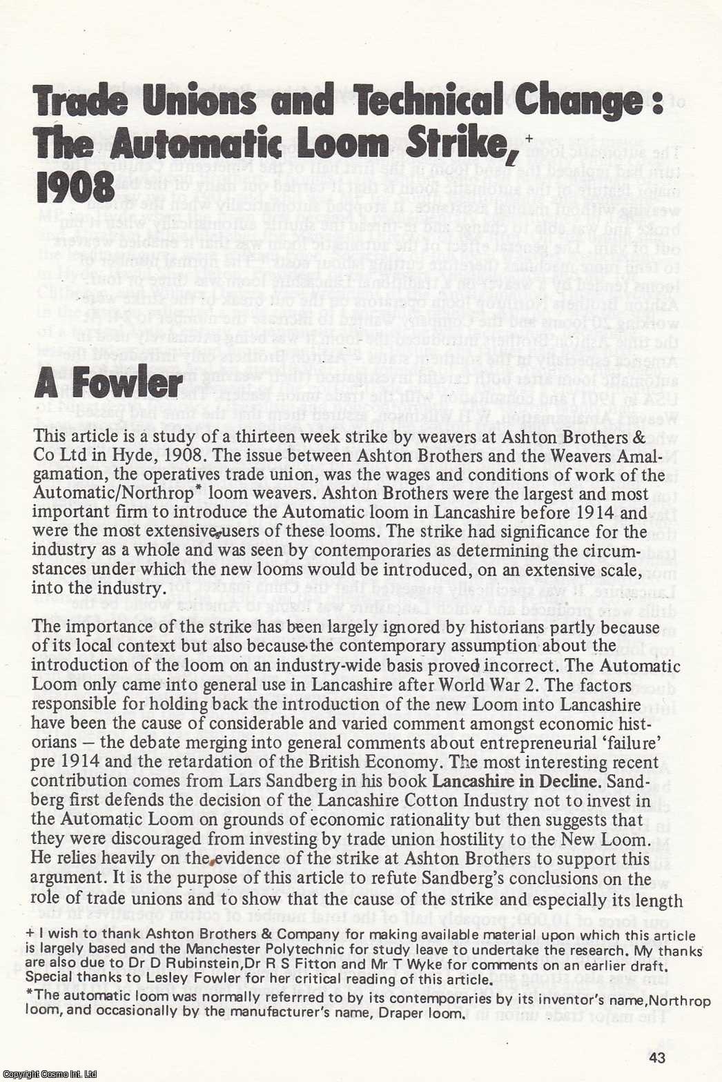 A. Fowler - The Automatic Loom Strike, 1908. An original article from North West Labour History Journal, 1980.