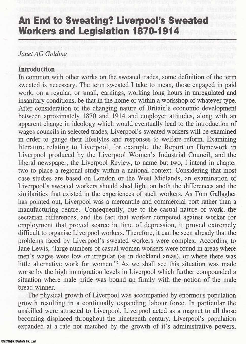 Janet A.G. Golding - Liverpool's Sweated Workers and Legislation, 1870-1914. An original article from North West Labour History Journal, 1997.