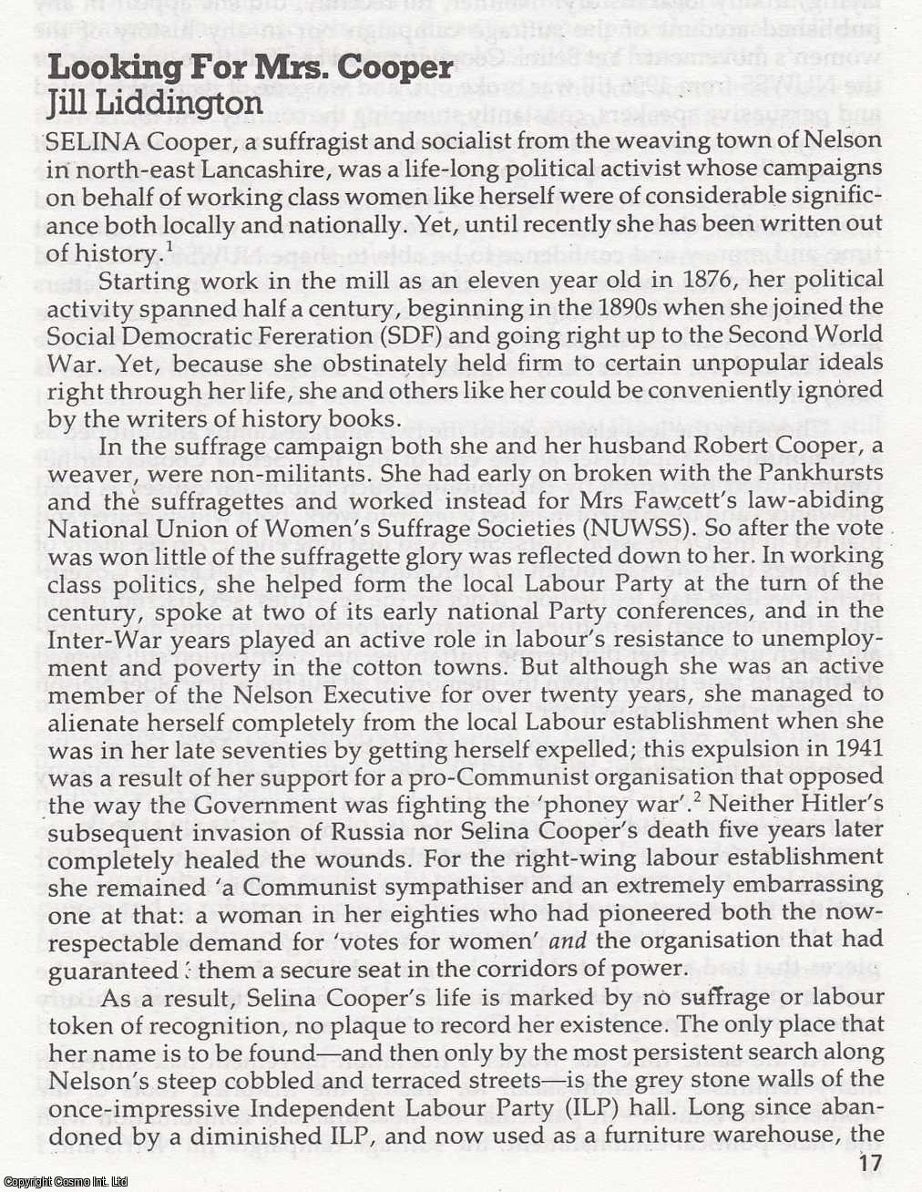 Jill Liddington - Female Suffrage : Selina Cooper, suffragist and socialist, Nelson, Lancashire. An original article from North West Labour History Journal, 1981.